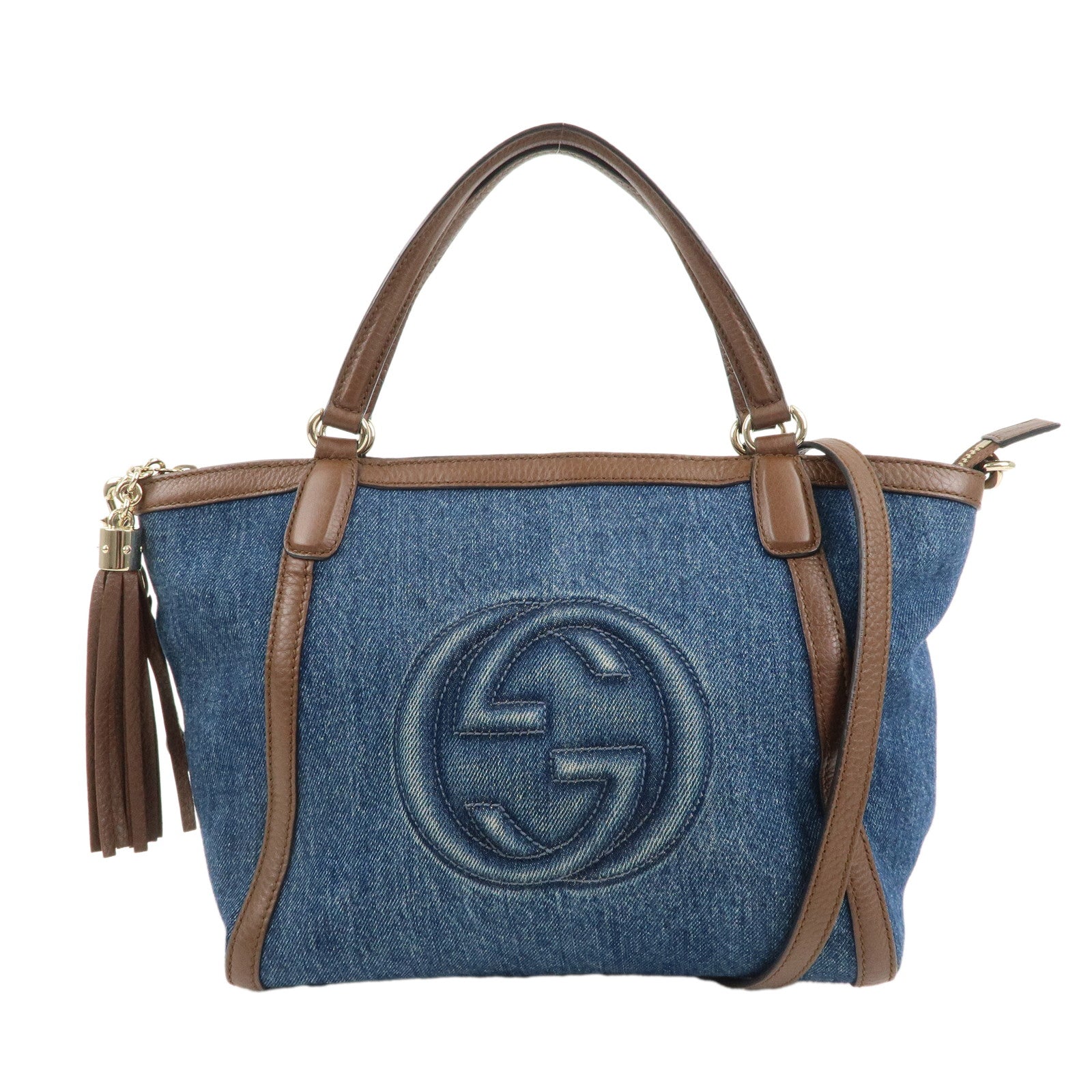 GUCCI-SOHO-Interlocking-G-Denim-Leather-2Way-Bag-Blue-Brown-369176