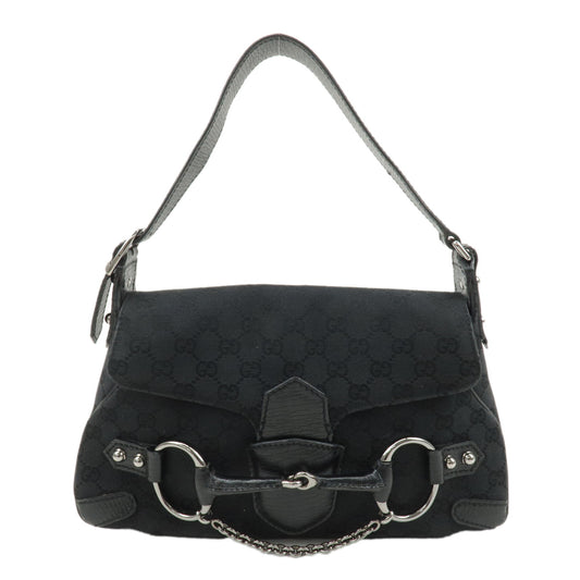 GUCCI-Horsebit-GG-Canvas-Leather-Shoulder-Bag-Black-114915