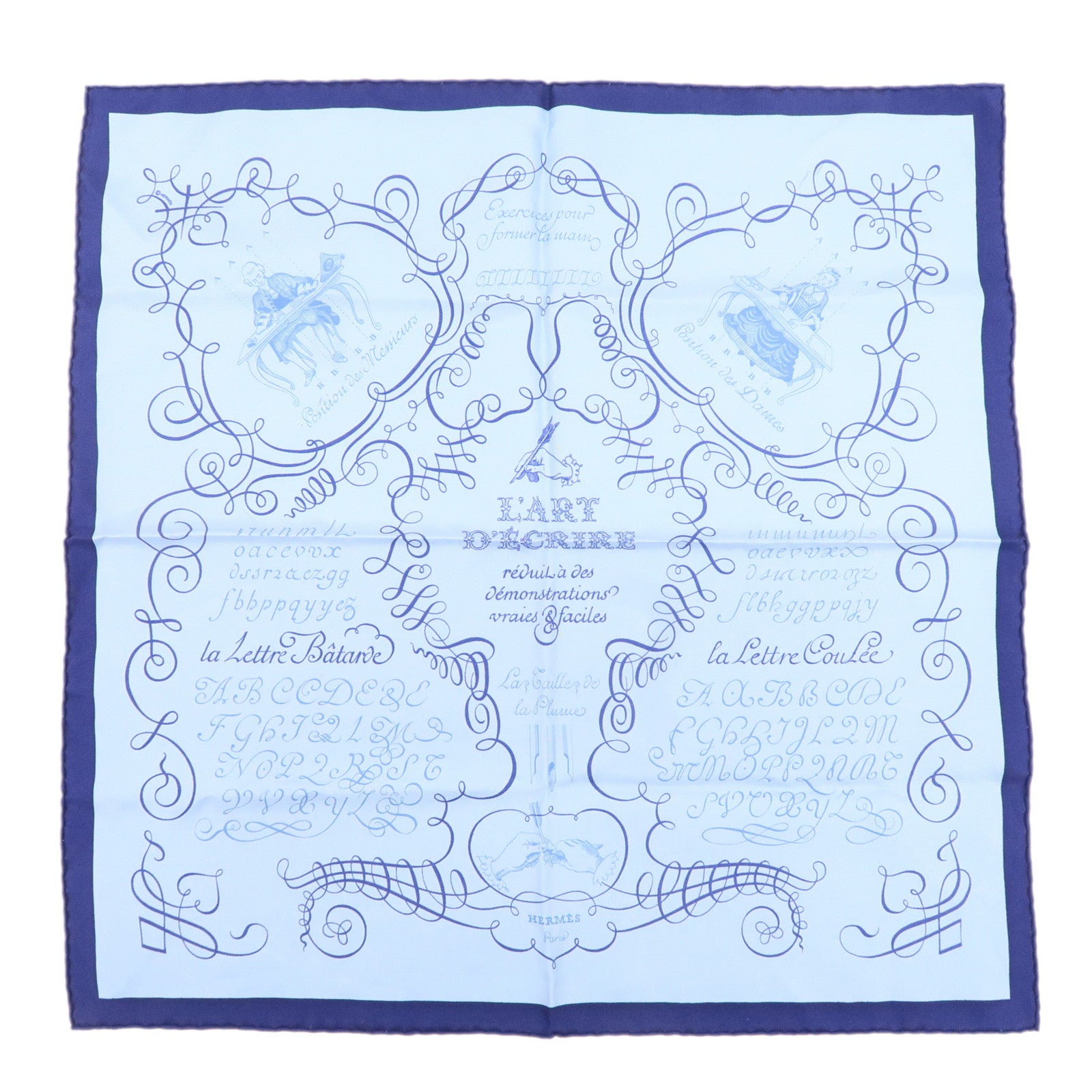 HERMES-Carre-42-Silk-100%-Scarf-L'ART-D'ECRIRE-Light-Blue