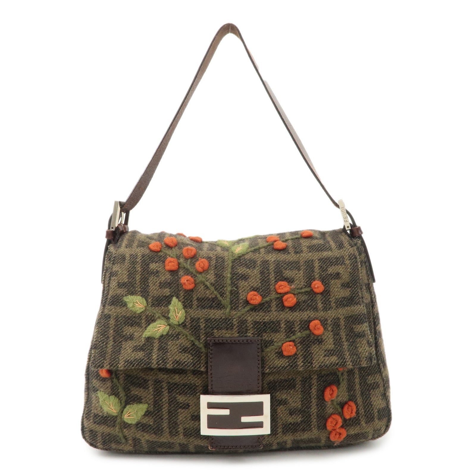 FENDI-Mamma-Baguette-Wool-Leather-Shoulder-Bag-Tree-Motif-Khaki