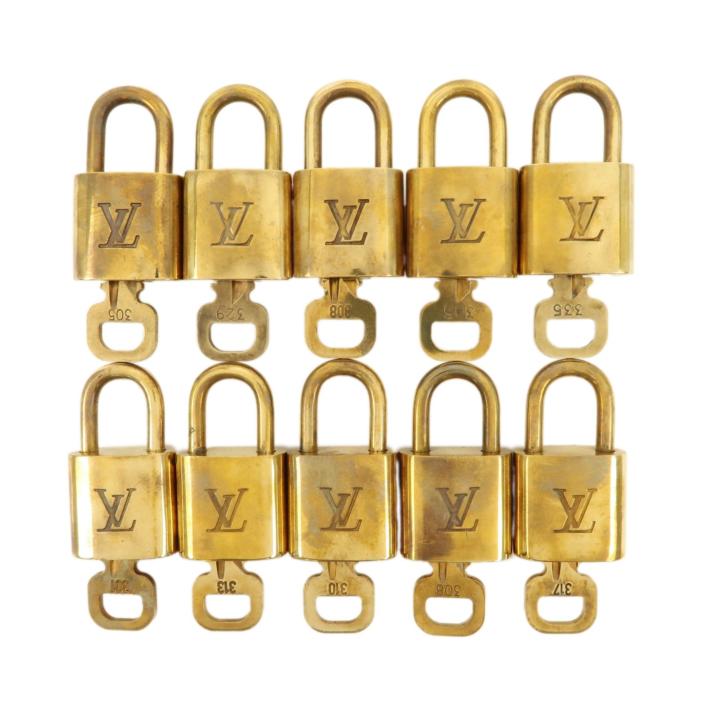 Louis-Vuitton-Set-of-10-Lock-&-Key-Cadena-Key-Lock-Gold