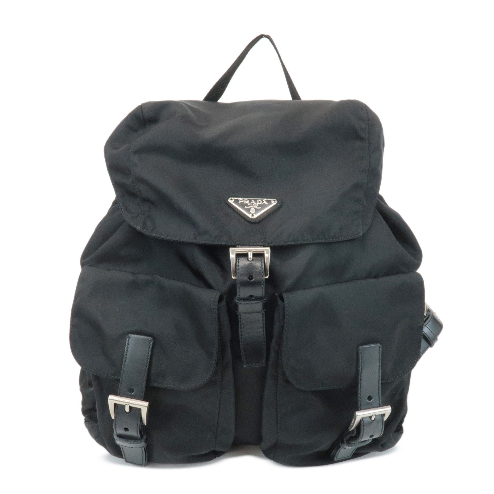 PRADA-Triangle-Logo-Nylon-Leather-Back-Pack-Ruck-Sack-Black-B2811