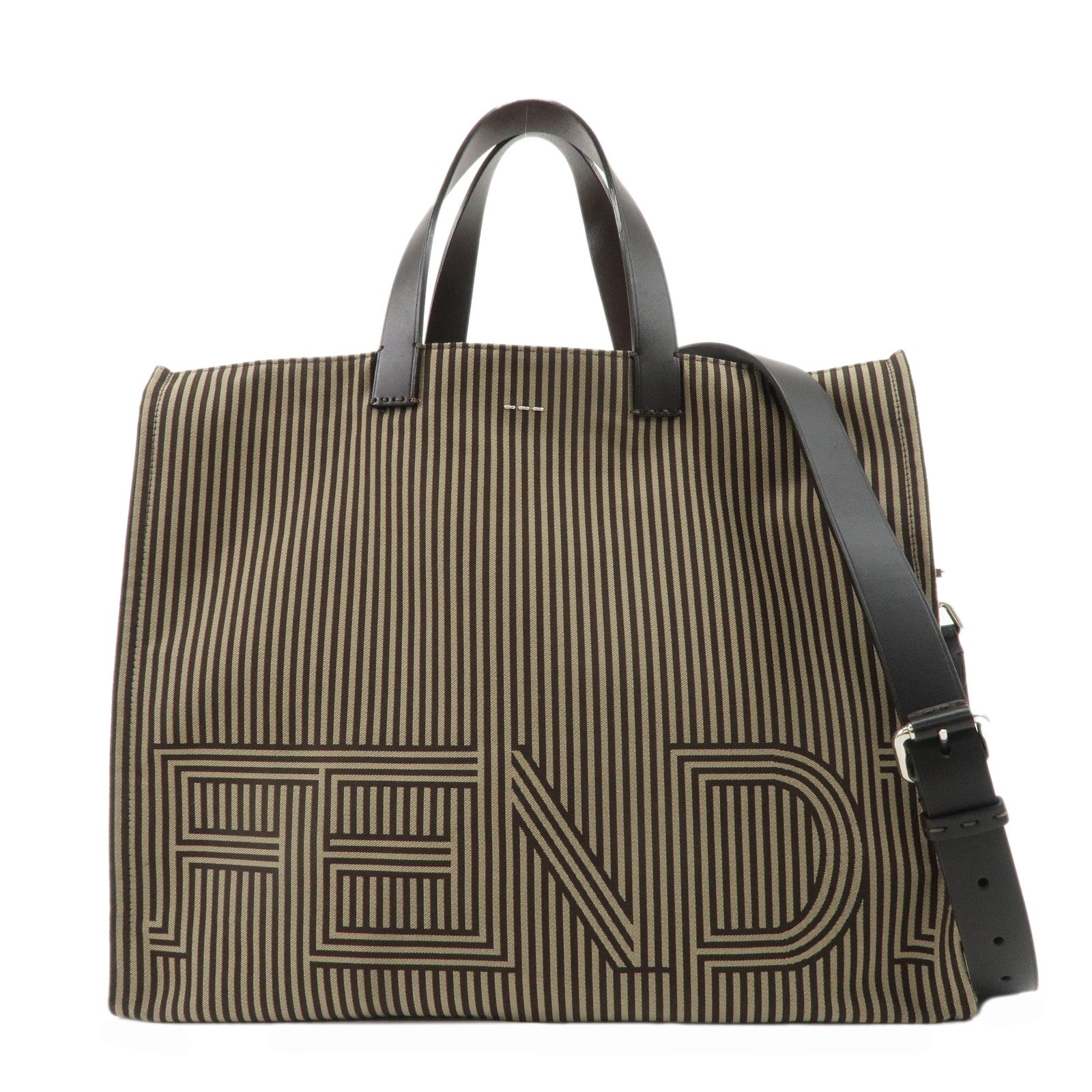 FENDI-Pequin-Canvas-Leather-2Way-Tote-Shoulder-Bag-Brown-7VA390