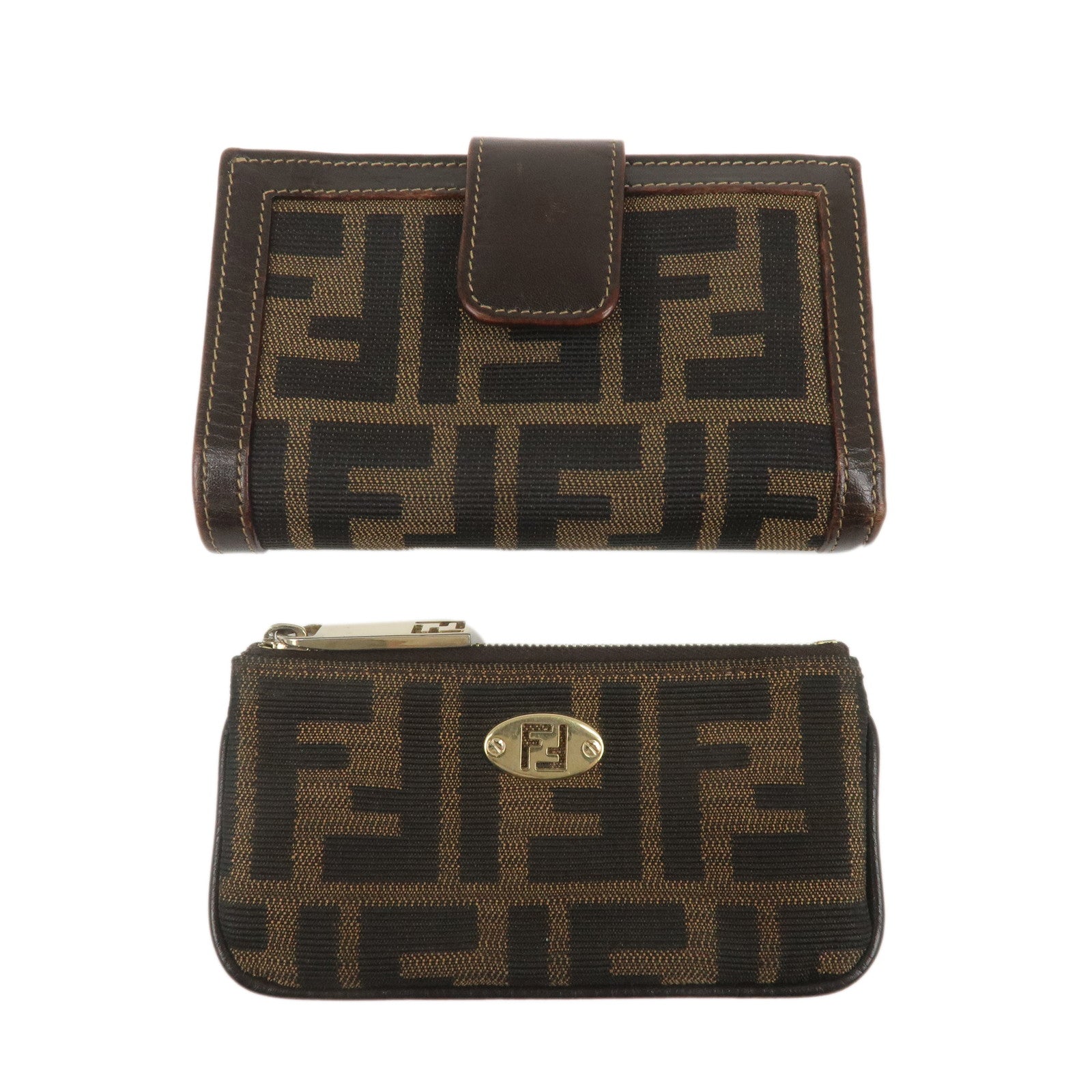 FENDI-Set-of-2-Zucca-Canvas-Leather-Wallet-&-Coin-Case-Brown-Black