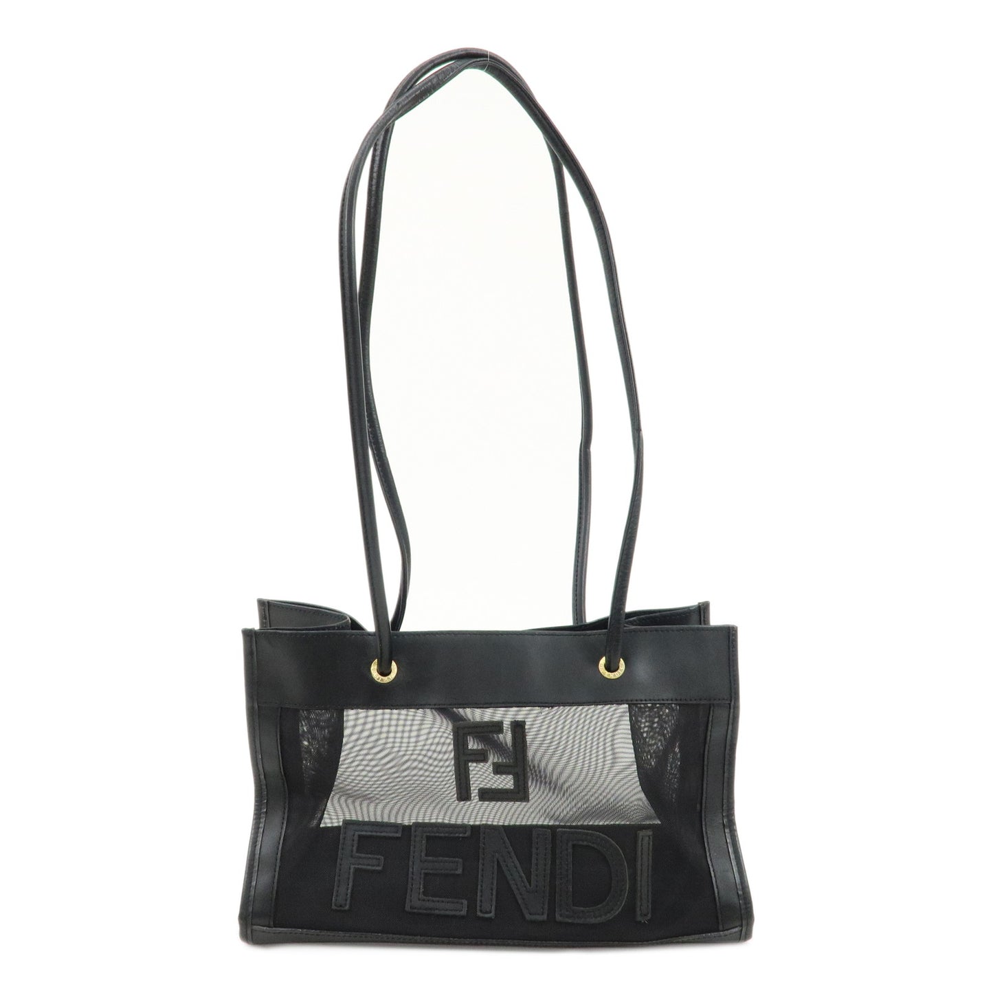 FENDI-Mesh-Leather-Logo-Tote-Bag-Hand-Bag-Black-Small