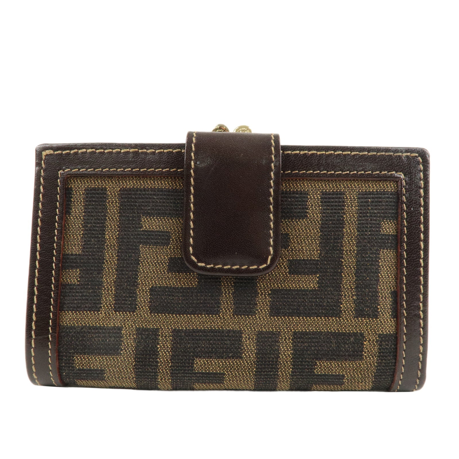 FENDI-Zucca-Canvas-Leather-Kiss-Lock-Bi-fold-Wallet-Brown-1692