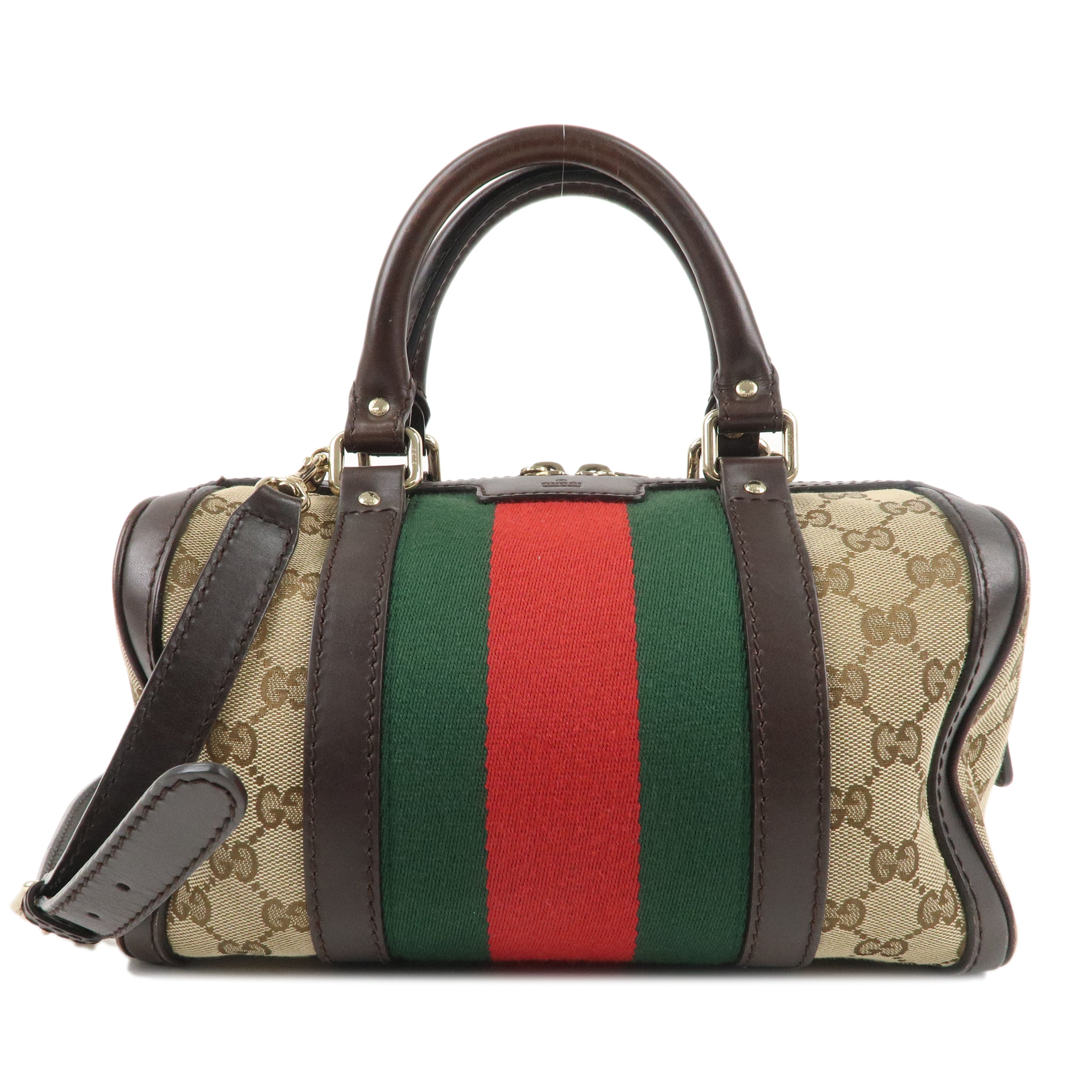 GUCCI Sherry GG Canvas Leather Boston Bag Beige Brown 269876