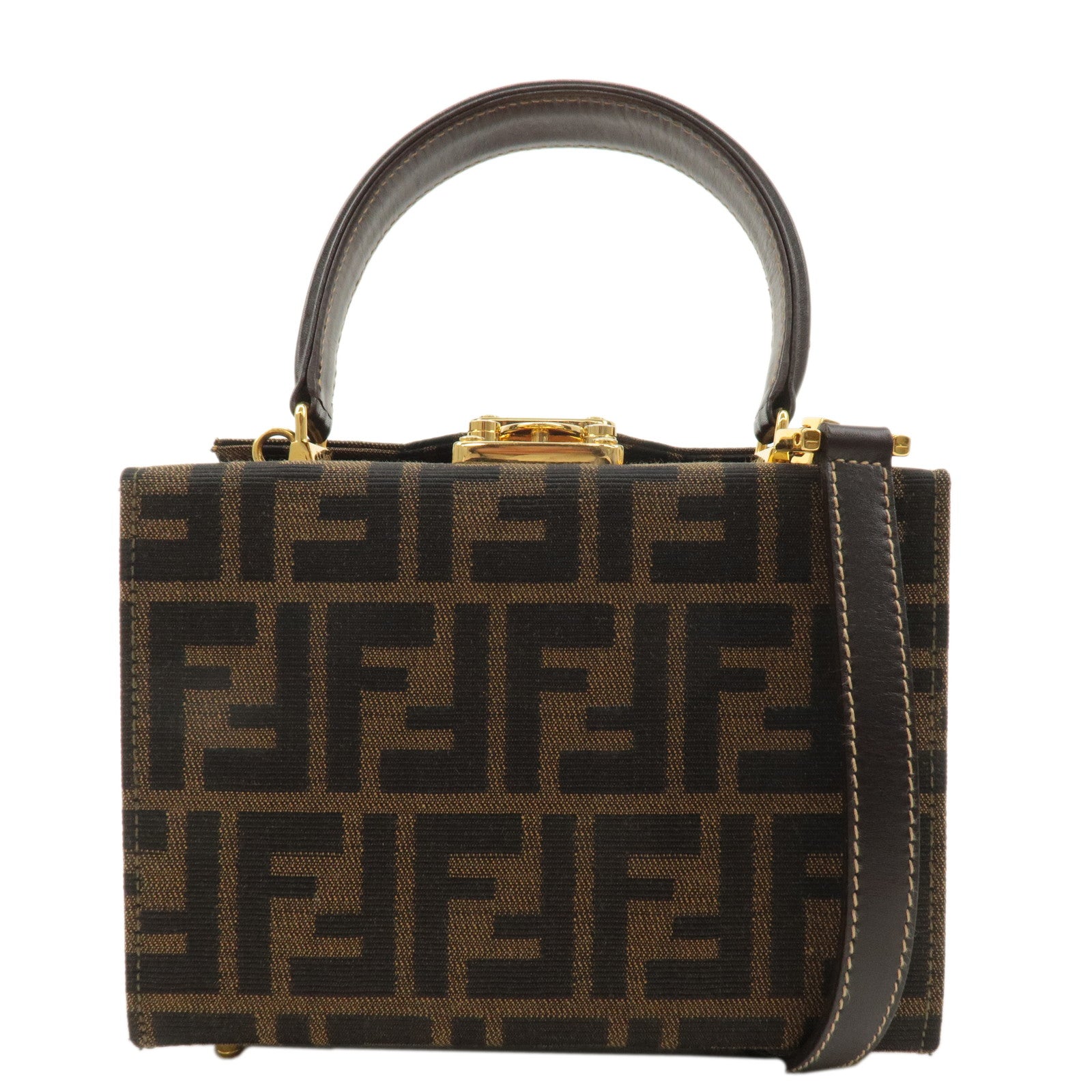 FENDI-Zucca-Canvas-Leather-2WAY-Vanity-Bag-Brown-Black