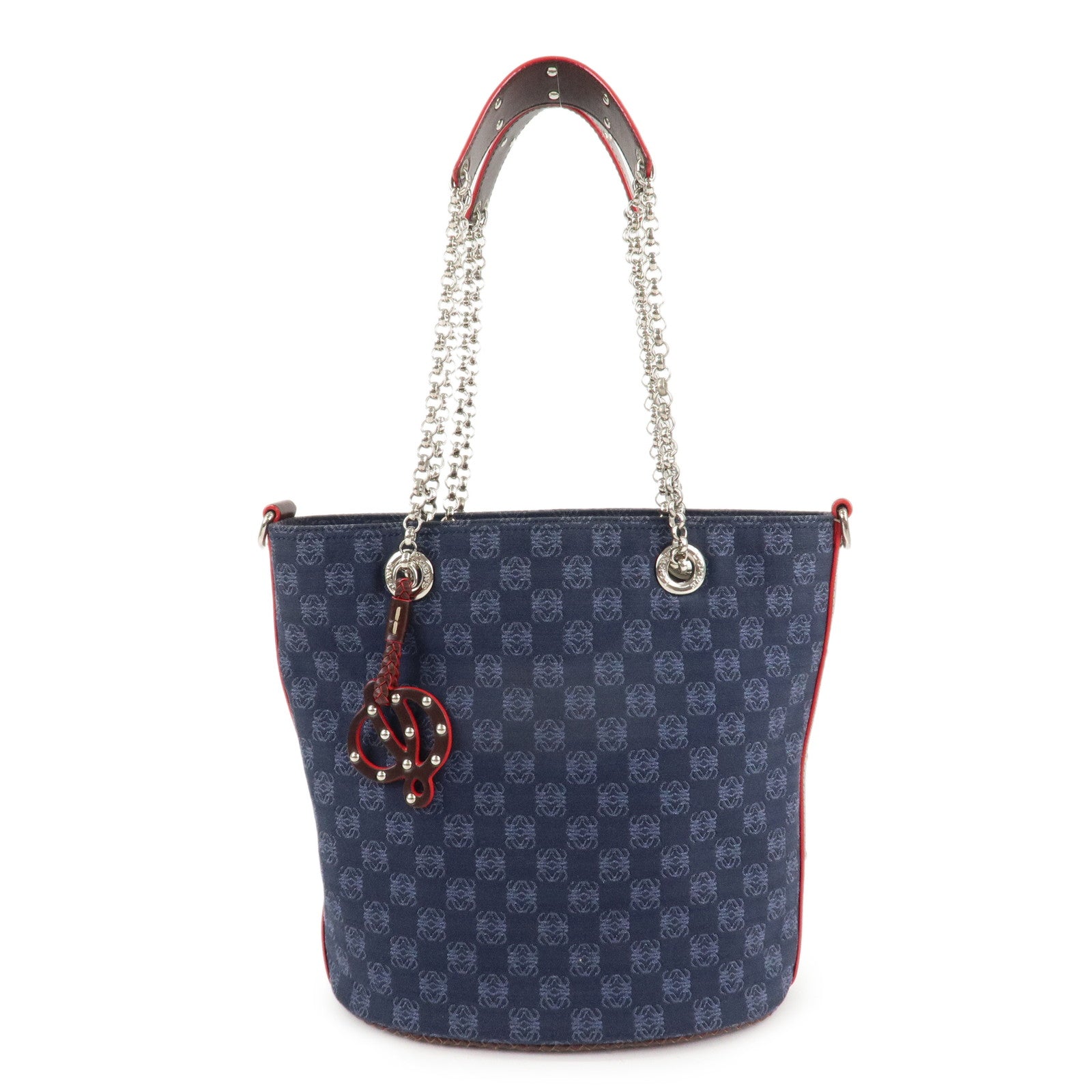 LOEWE-Anagram-Canvas-Leather-Chain-Tote-Bag-Shoulder-Bag-Blue