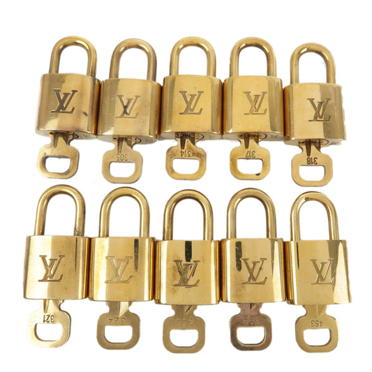 Louis-Vuitton-Set-of-10-Lock-&-Key-Cadena-Key-Lock-Gold