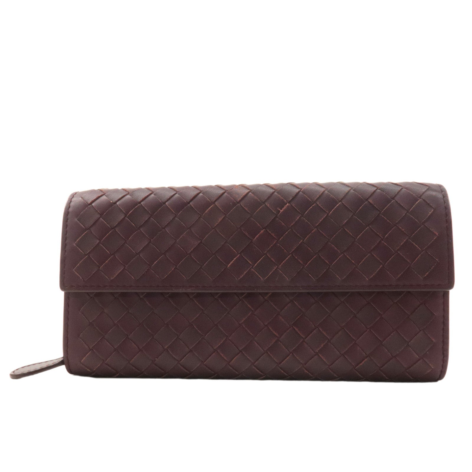 BOTTEGA-VENETA-Intrecciato-Leather-Bi-fold-Long-Wallet-Wine-Red