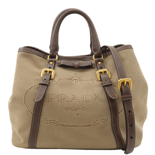 PRADA-Logo-Jacquard-Leather-2Way-Bag-Hand-Bag-Beige-Brown-BN1841