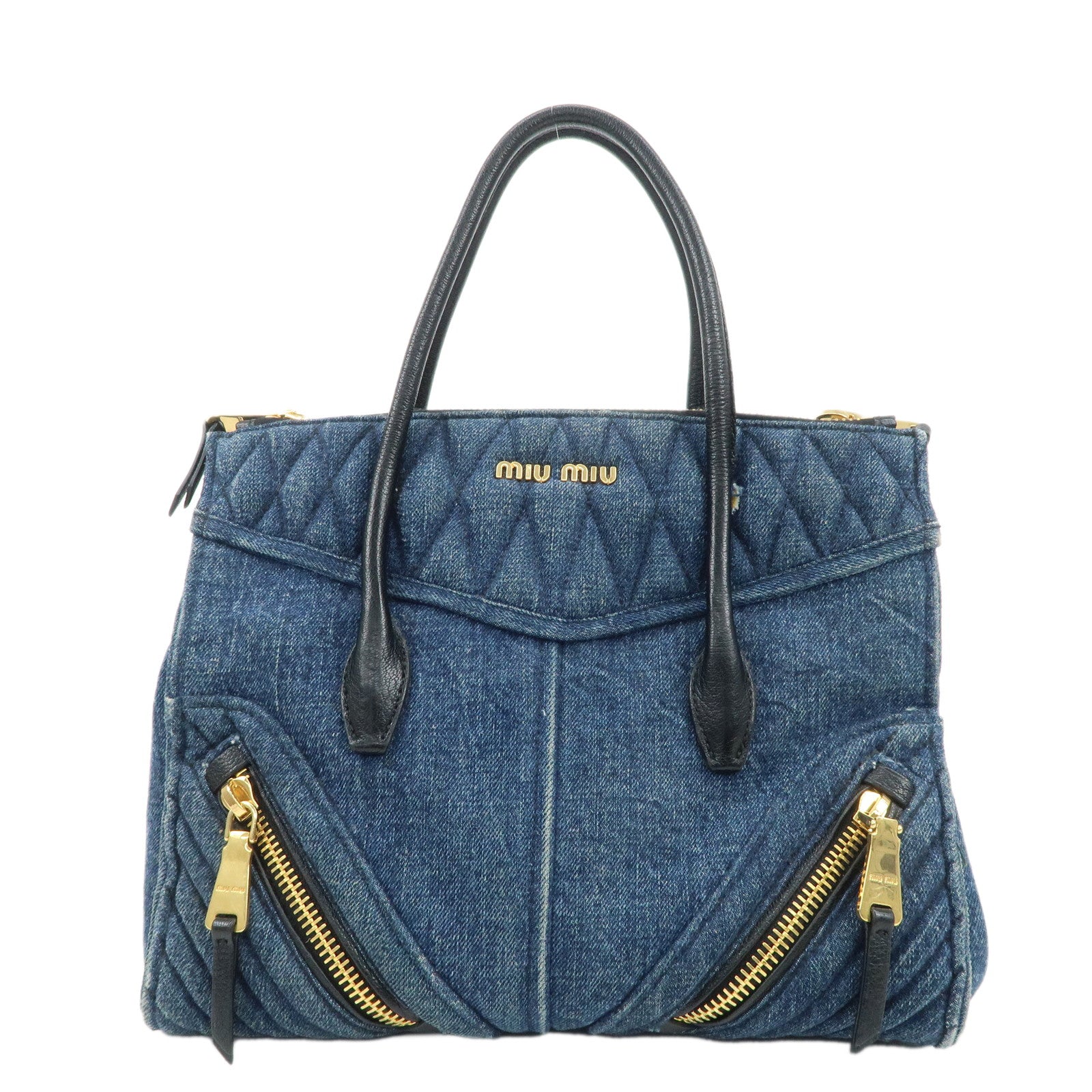 MIU-MIU-Denim-Leather-Biker-2Way-Tote-Bag-Blue-Black-RN1031