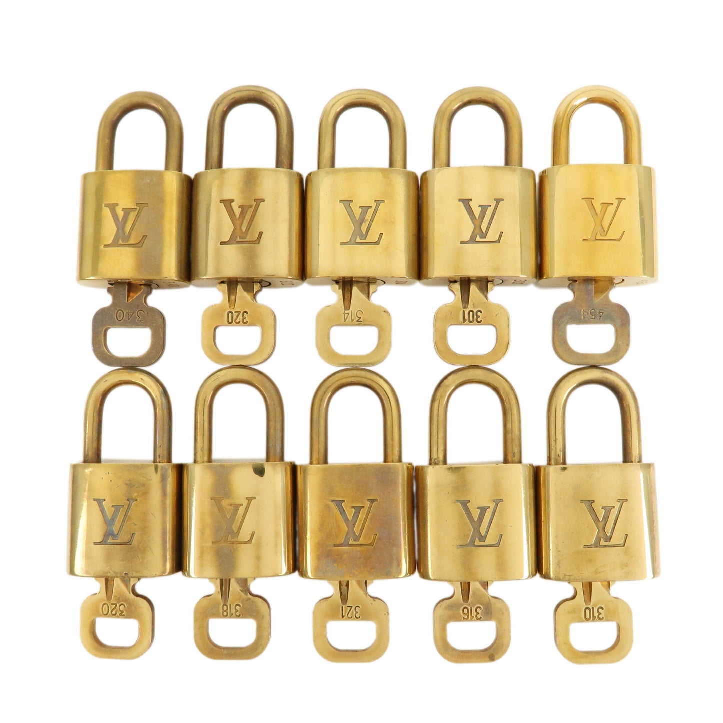 Louis-Vuitton-Set-of-10-Lock-&-Key-Cadena-Key-Lock-Gold