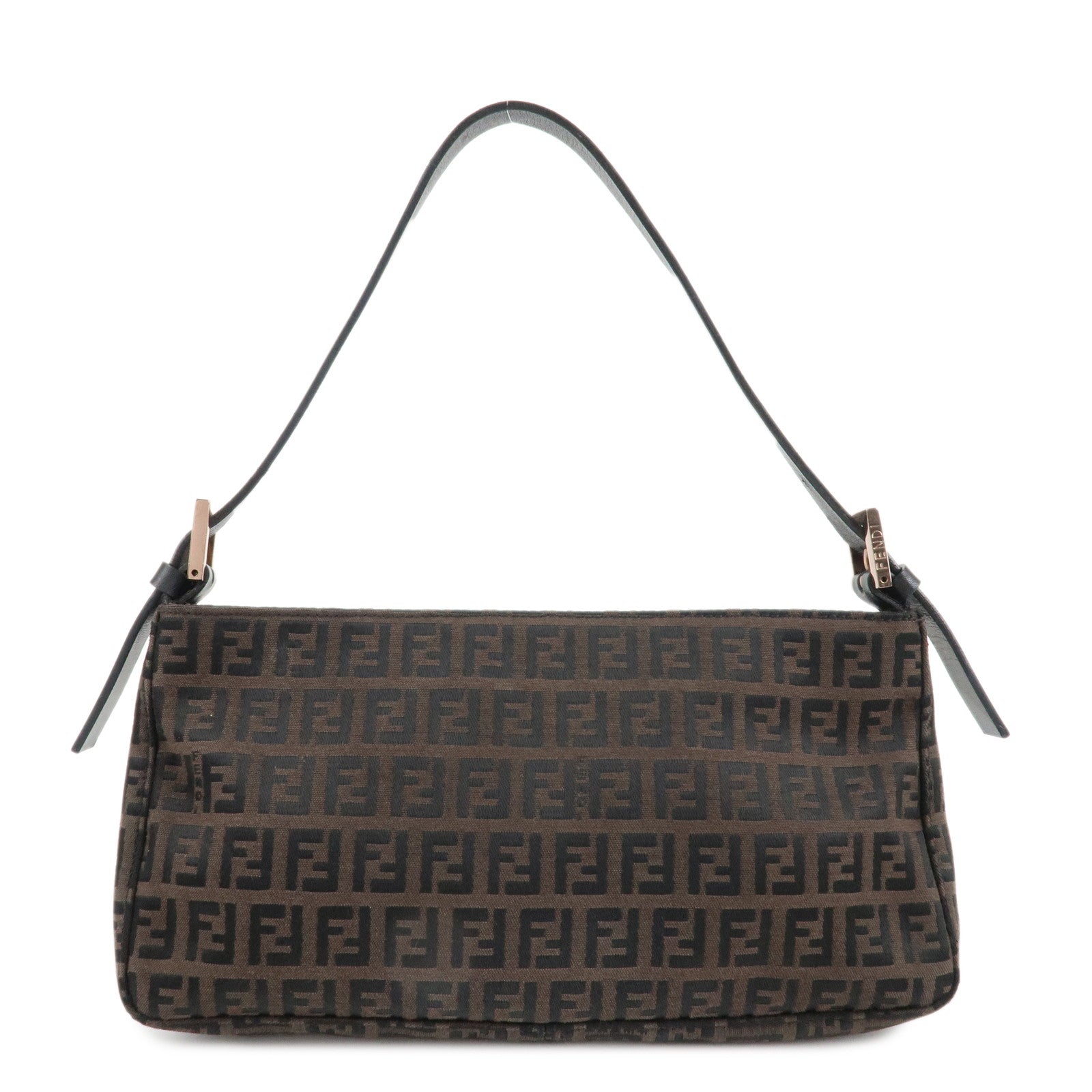 FENDI-Zucchino-Canvas-Leather-Shoulder-Bag-Dark-Brown-Black-8BR042