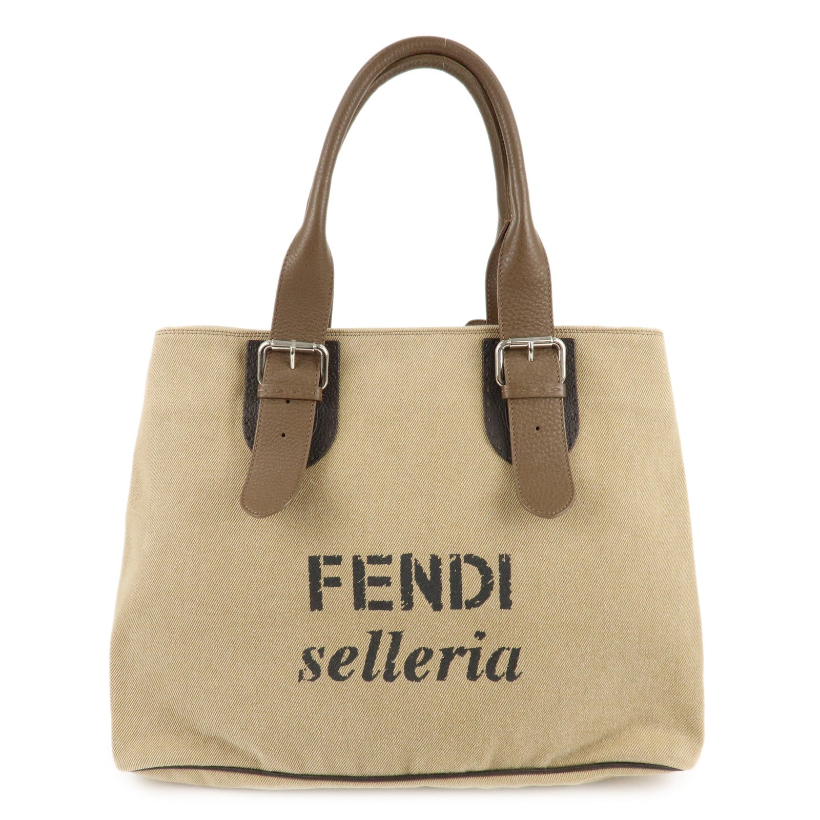 FENDI-Canvas-Leather-Tote-Bag-Shoulder-Bag-Hand-Bag-Beige