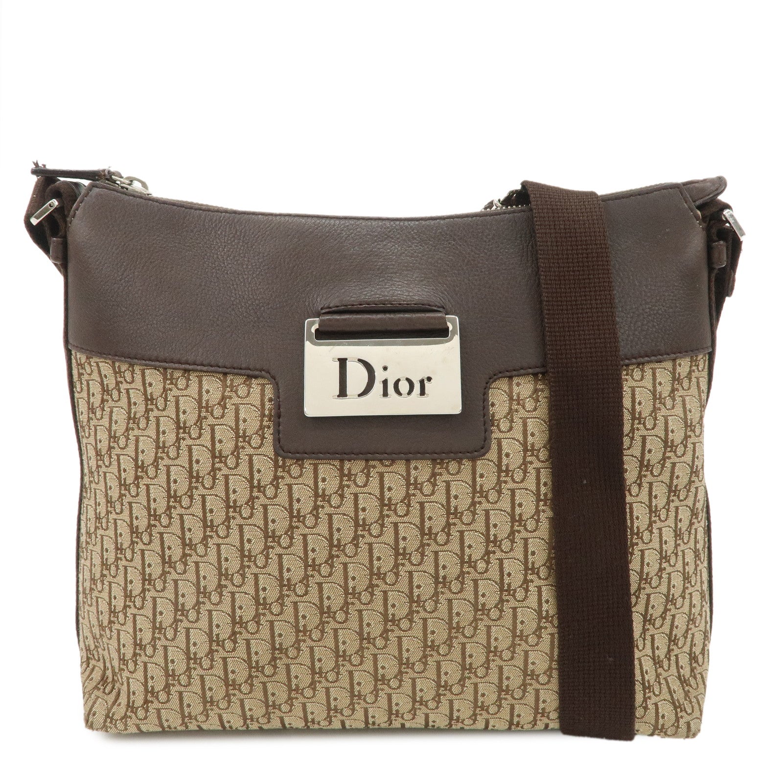 Christian-Dior-Trotter-Canvas-Leather-Shoulder-Bag-Beige-Brown