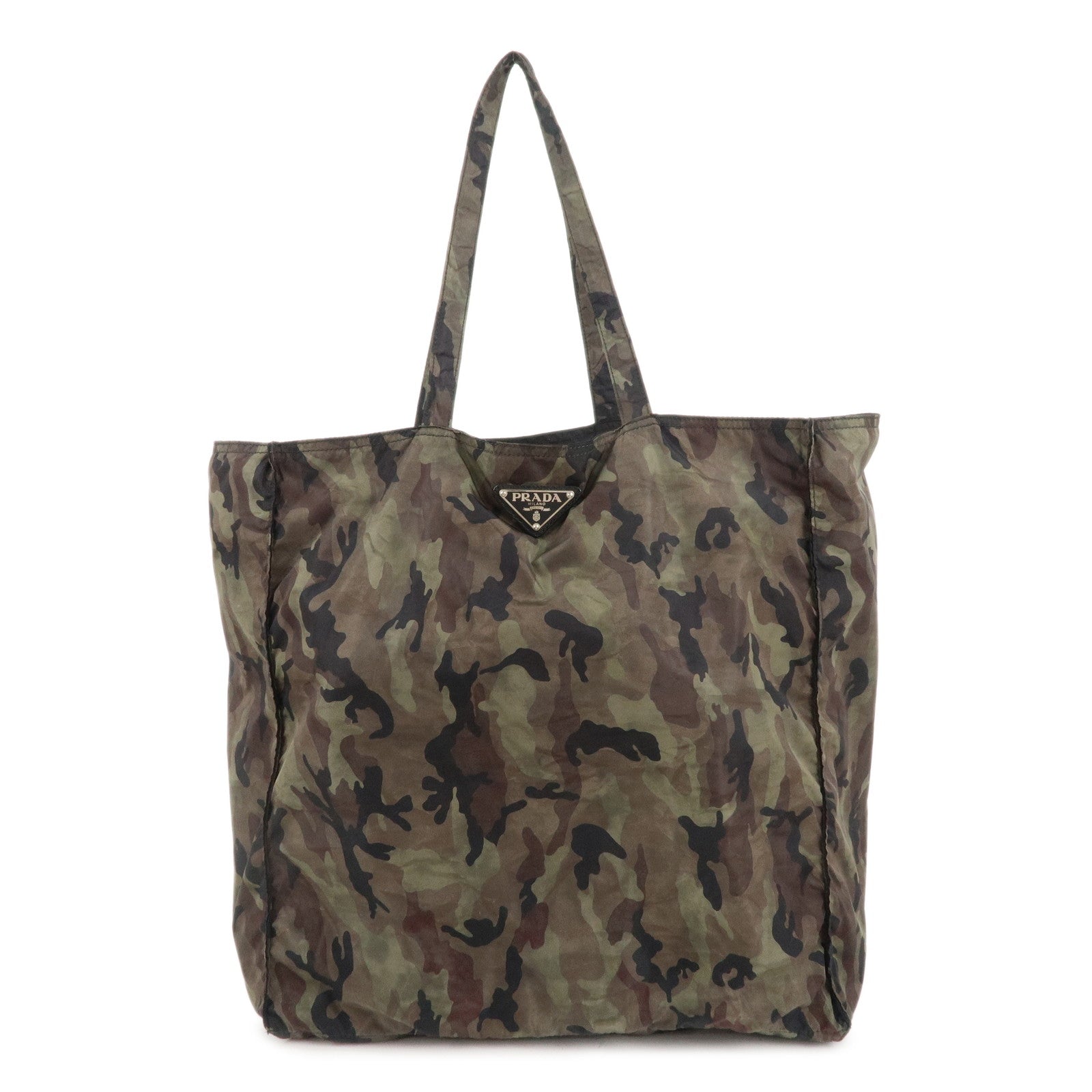 PRADA-Nylon-Tote-Bag-Khaki-Camouflage-Silver-Hardware-B4626C