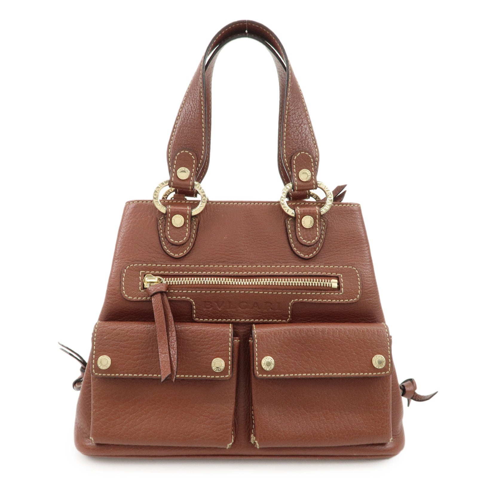 BVLGARI-Leather-Front-Pocket-Hand-Bag-Tote-Bag-Brown