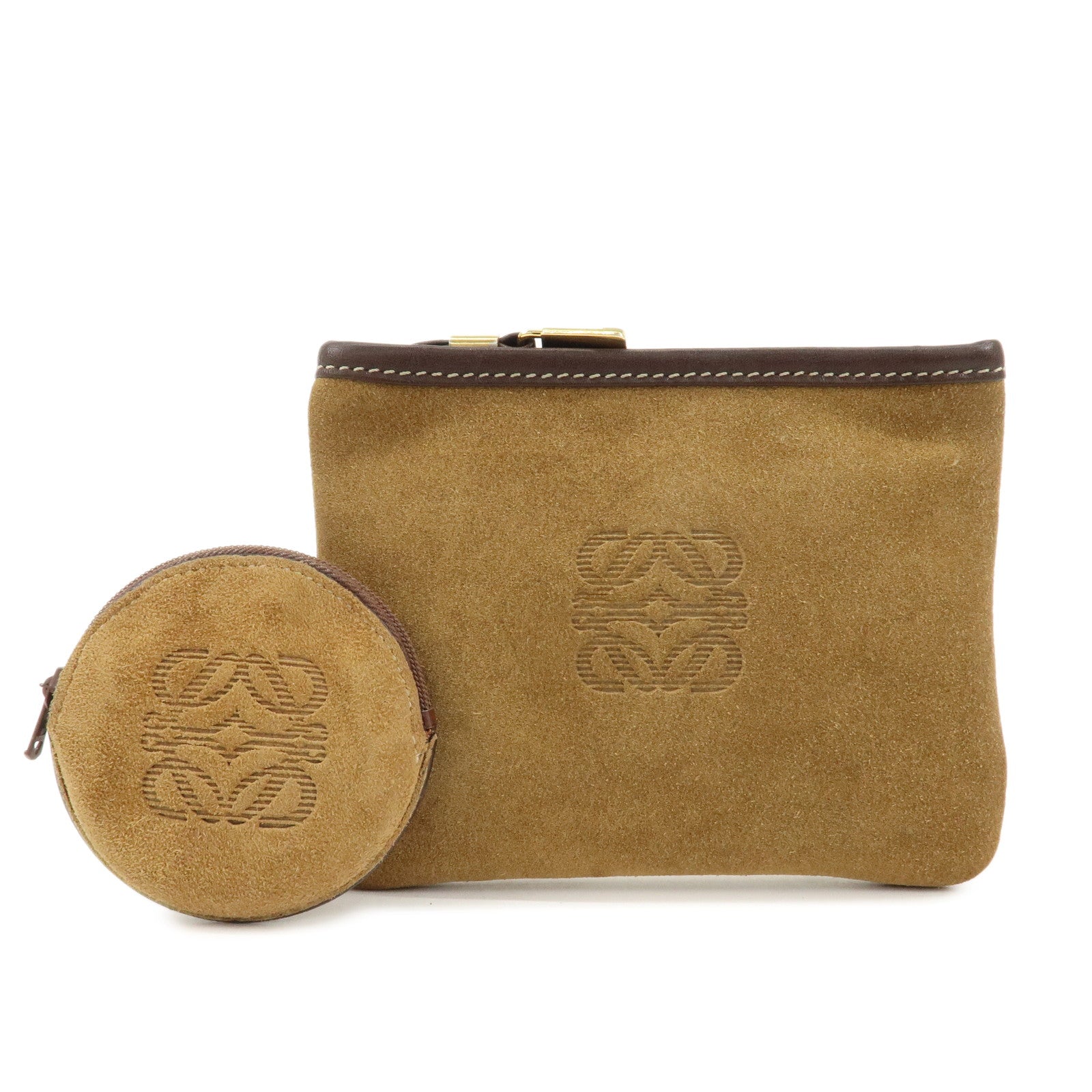 LOEWE-Anagram-Set-of-2-Suede-Leather-Pouch-Coin-Case-Brown