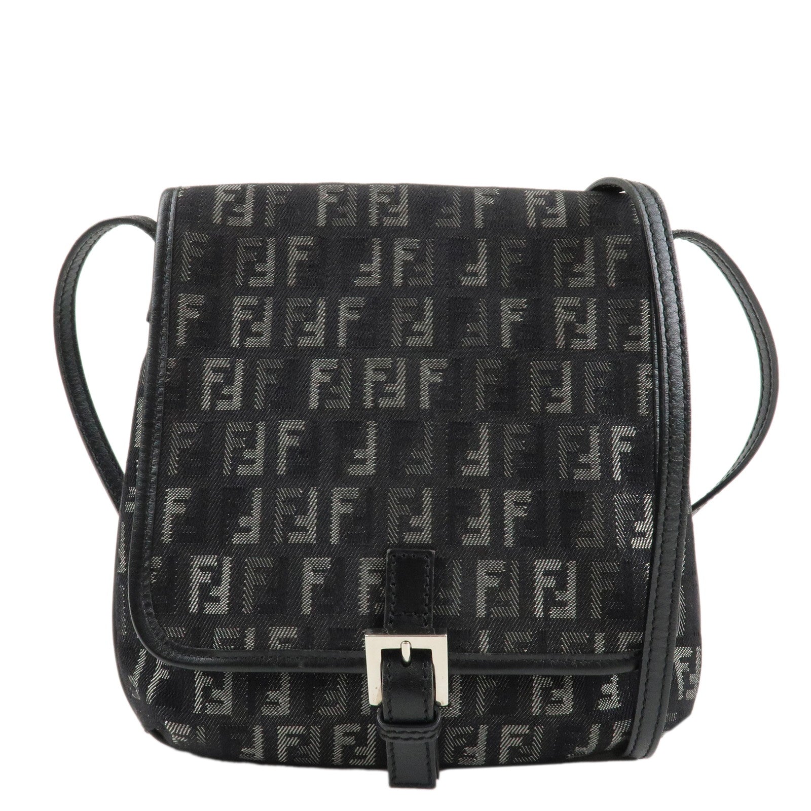 FENDI-Zucchino-Canvas-Leather-Shoulder-Bag-Brown-Black-8BT052