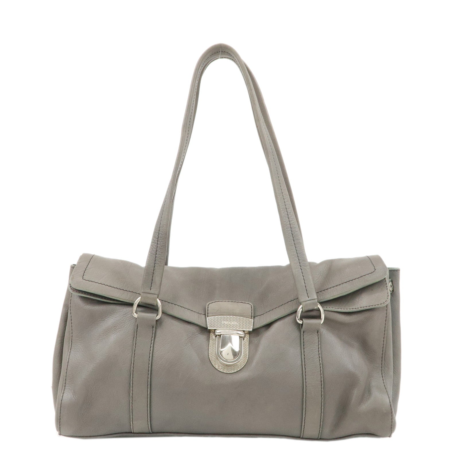 PRADA-Leather-Tote-Bag-Shoulder-Bag-Gray-Silver-Hardware-BR2614