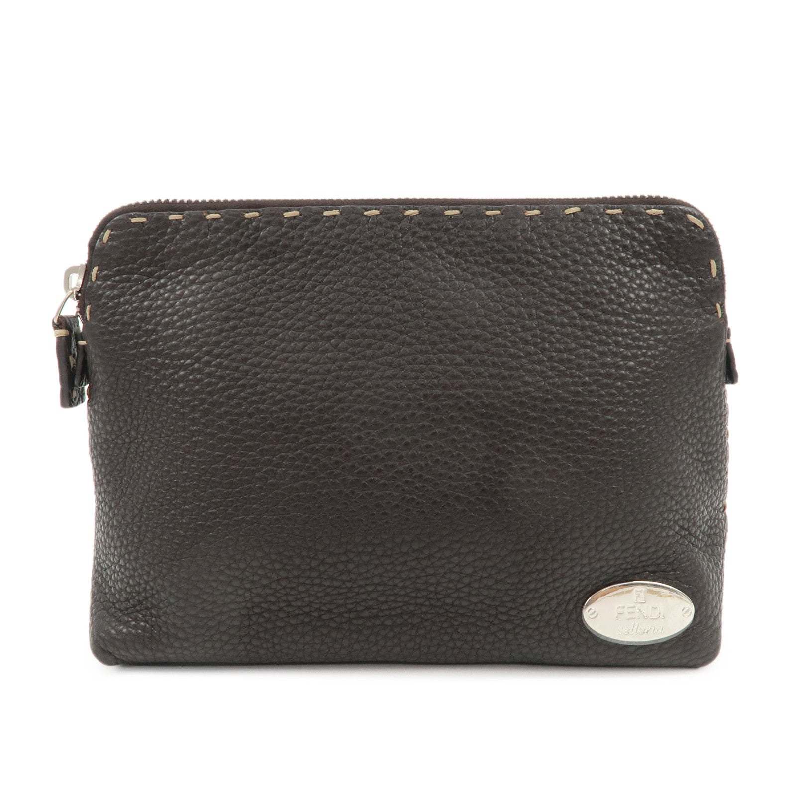 FENDI-Selleria-Leather-Pouch-Dark-Brown-Silver-Hardware-8N0037