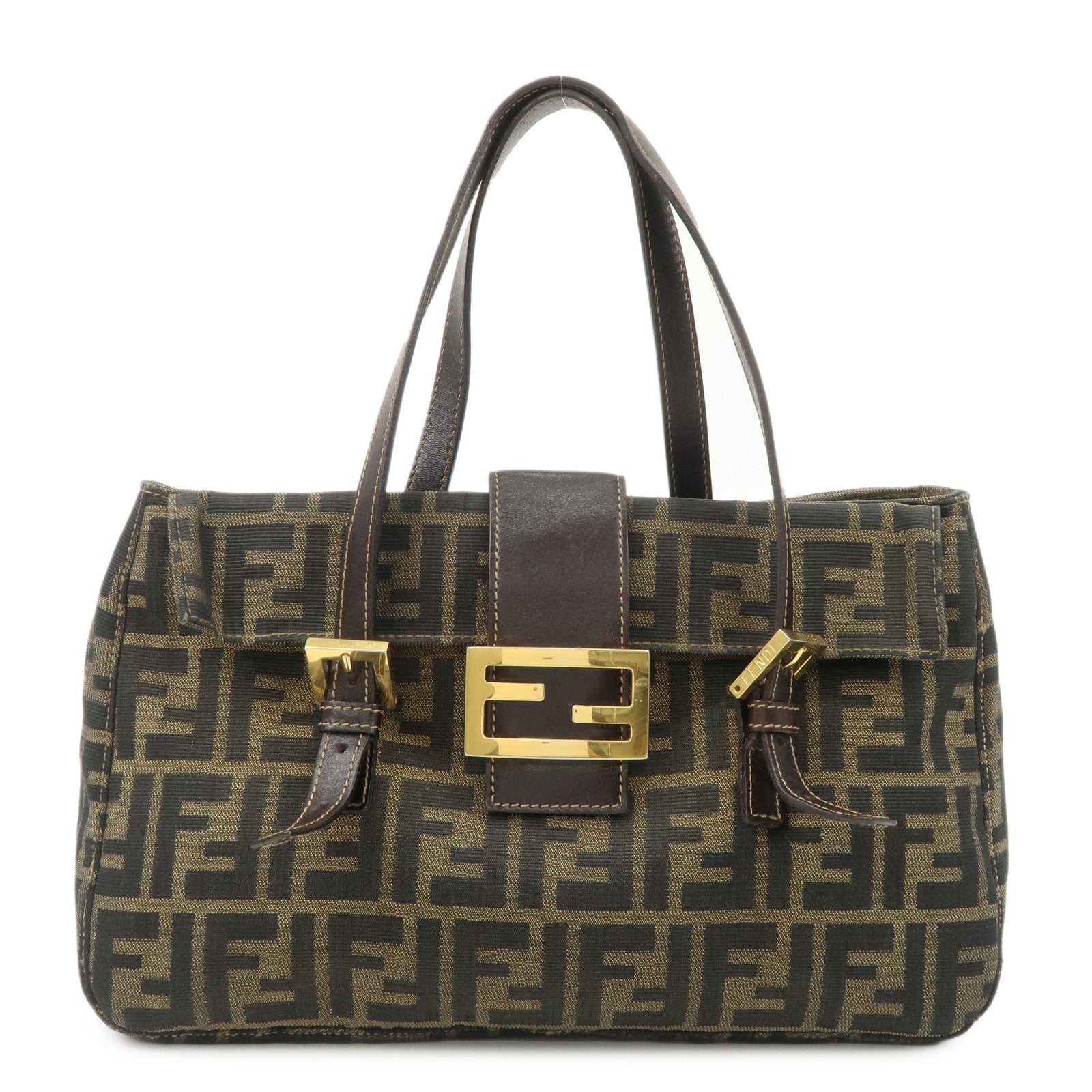 FENDI-Zucca-Canvas-Leather-Hand-Bag-Brown-Black-Gold-Hardware