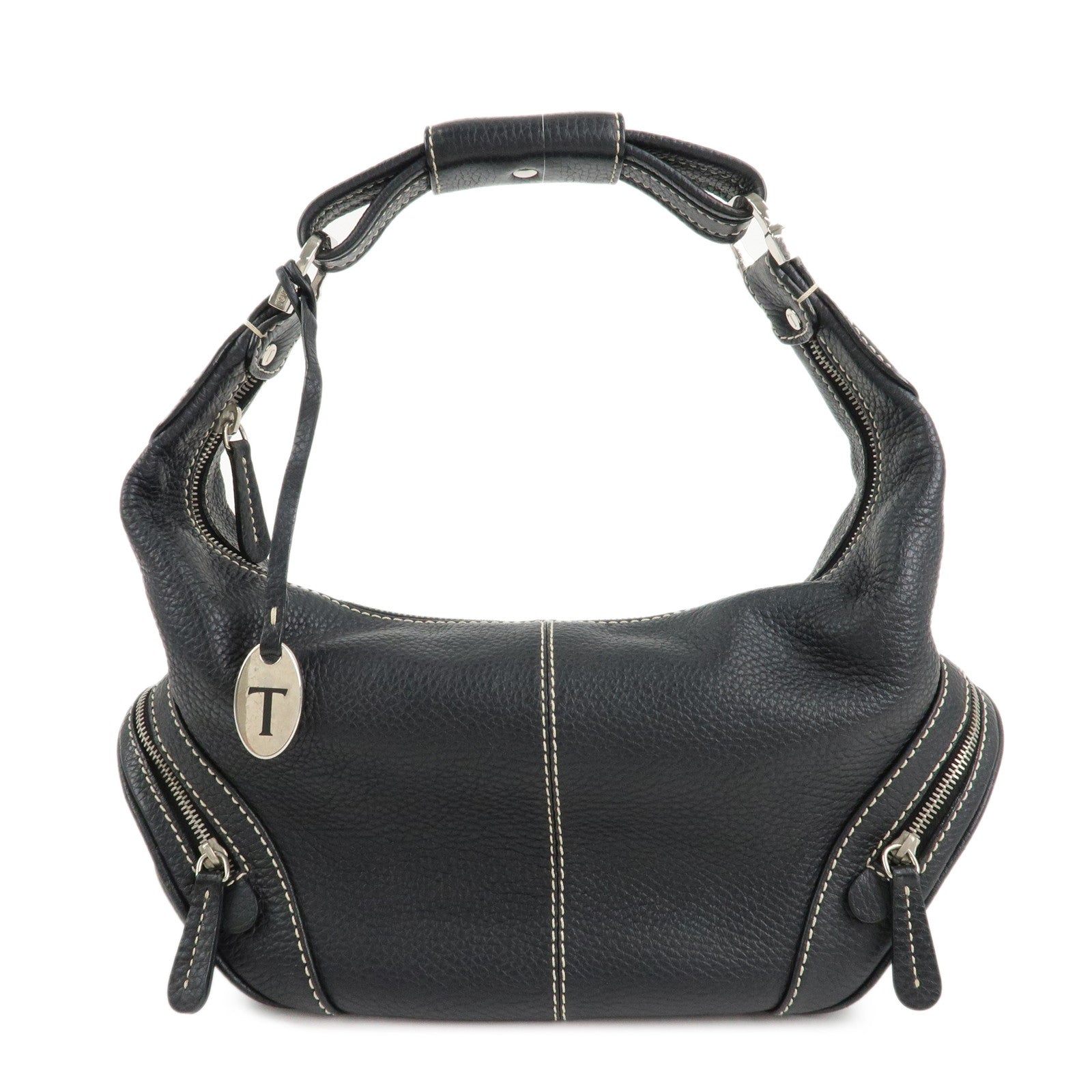 TOD'S-Leather-Shoulder-Bag-Hand-Bag-Black-Silver-Hardware