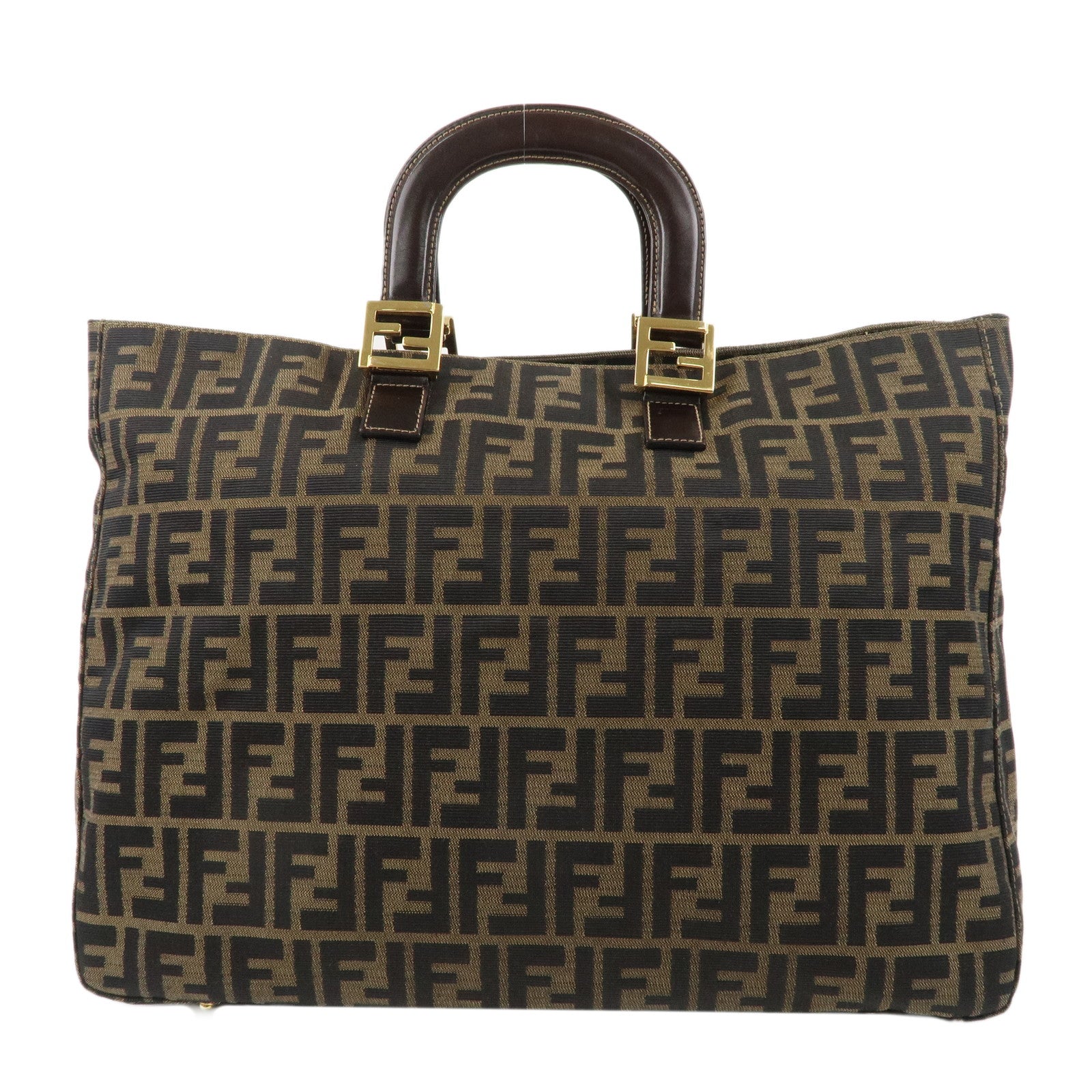 FENDI-Zucca-Canvas-Leather-Tote-Bag-Hand-Bag-Brown-Black