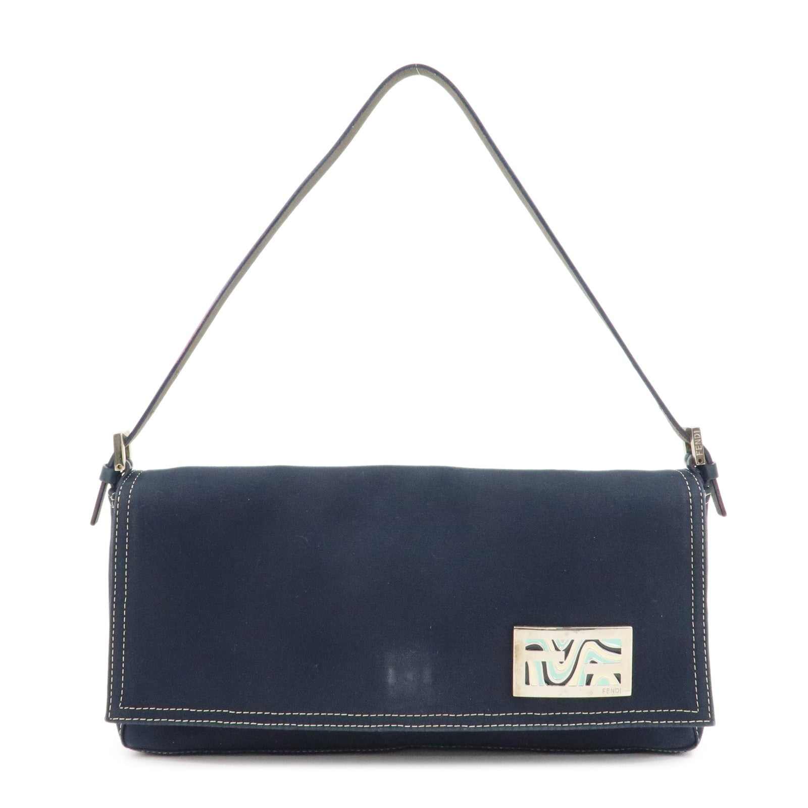 FENDI-Canvas-Leather-Semi-Shoulder-Bag-Hand-Bag-Navy-Silver