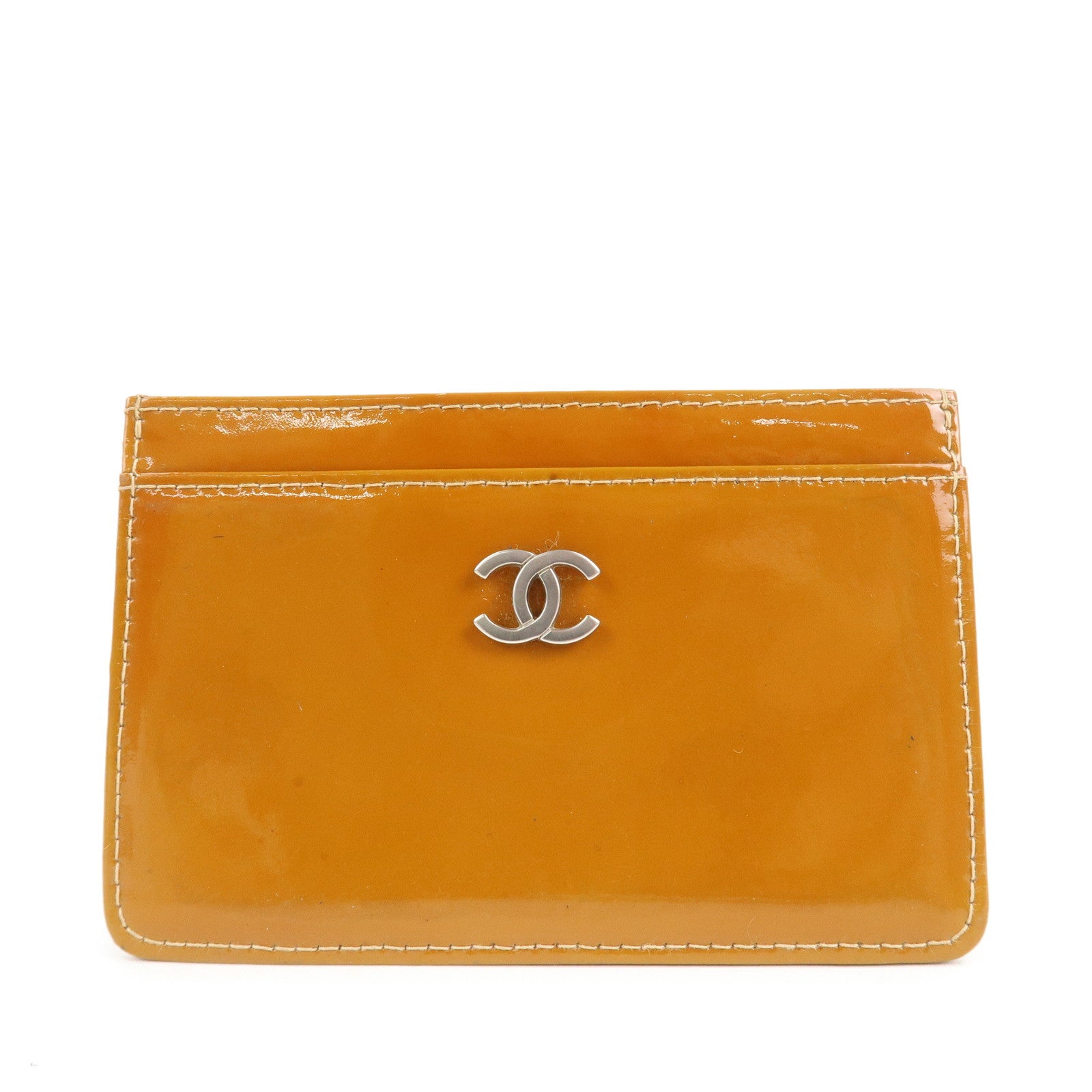 CHANEL-Patent-Leather-Card-Case-Card-Holder-Mustard-A11837