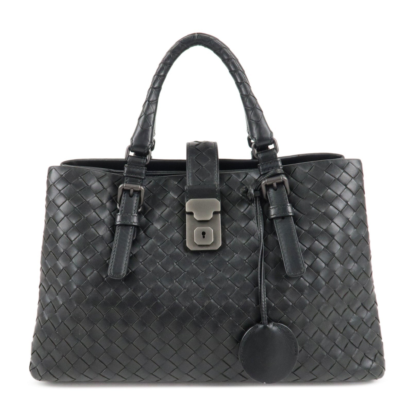 BOTTEGA-VENETA-Intrecciato-Leather-Tote-Bag-Hand-Bag-Black