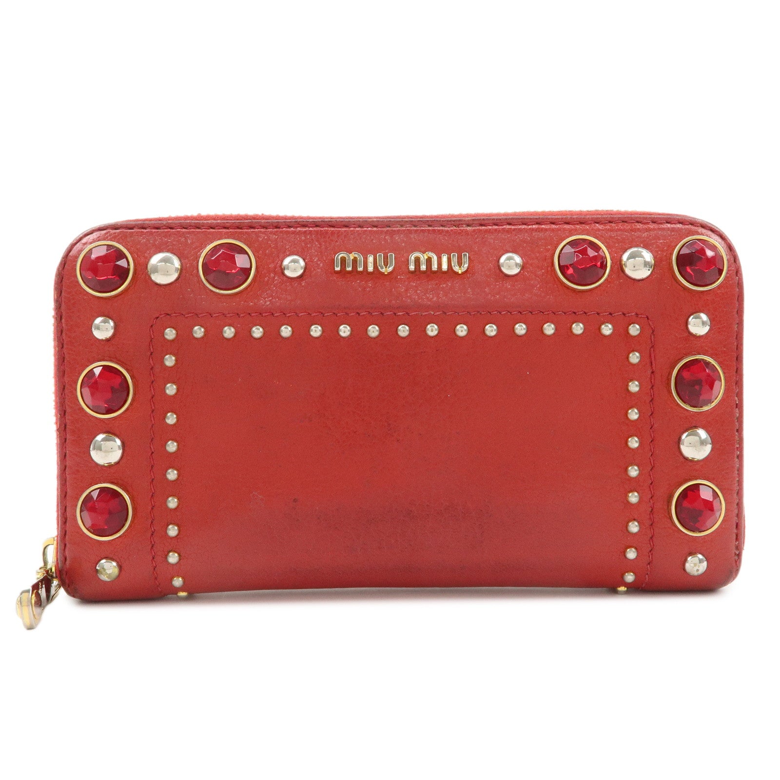 MIU-MIU-Leather-Round-Zipper-Long-Wallet-Bijou-Studs-Red