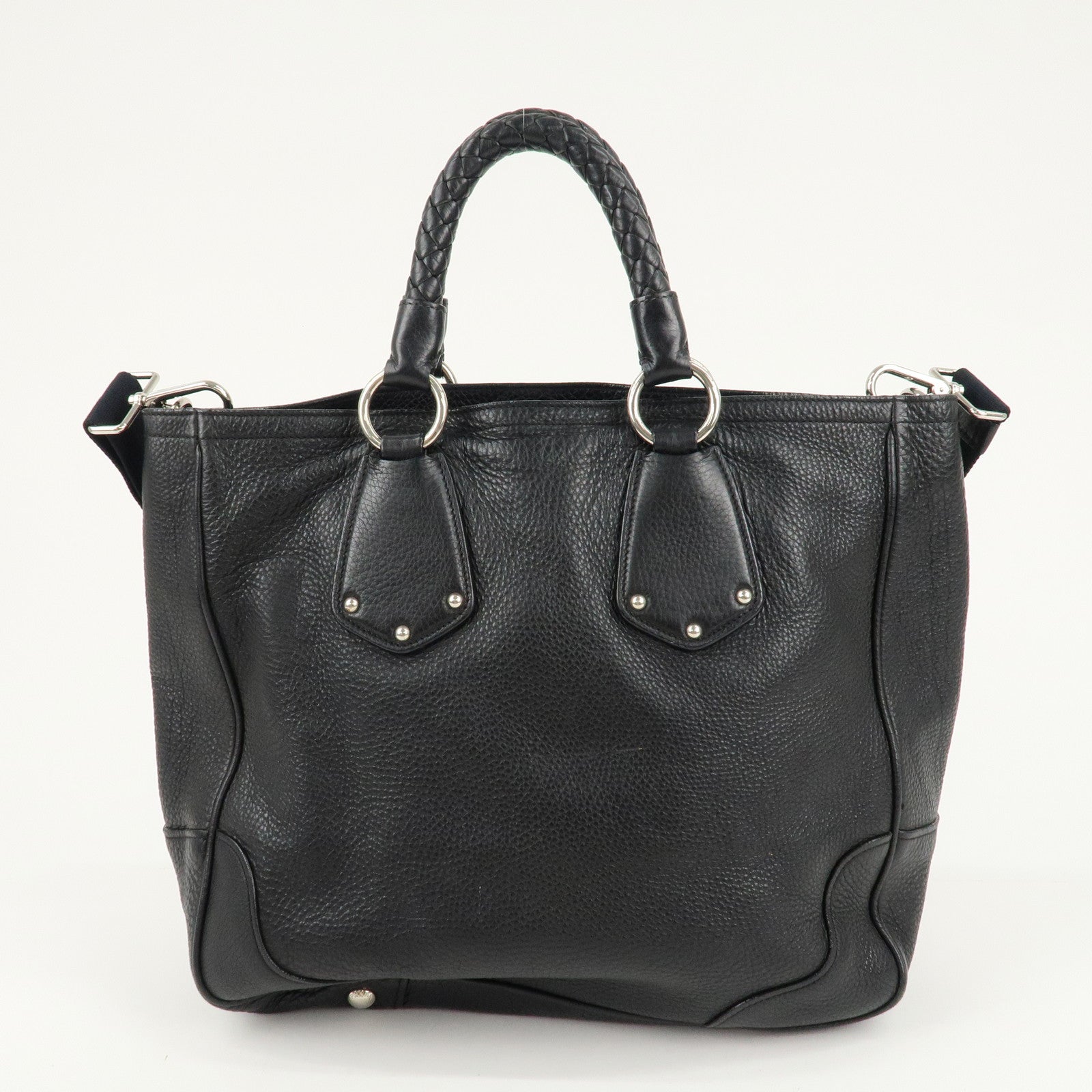 PRADA Leather 2 Way Bag Tote Bag Black Silver Hardware