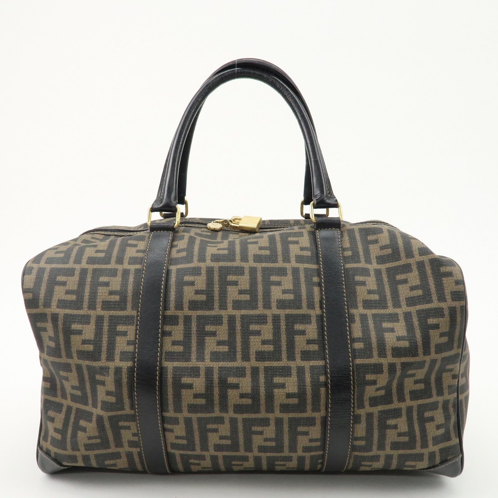 FENDI Zucca Logo Print PVC Leather Boston Bag Brown Black