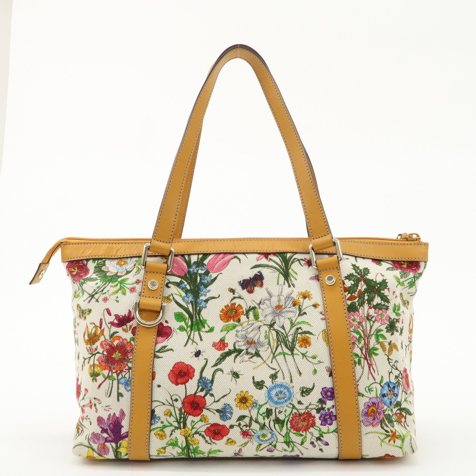 GUCCI Abbey Canvas Leather Tote Bag Hand Bag Flora Orange 272399