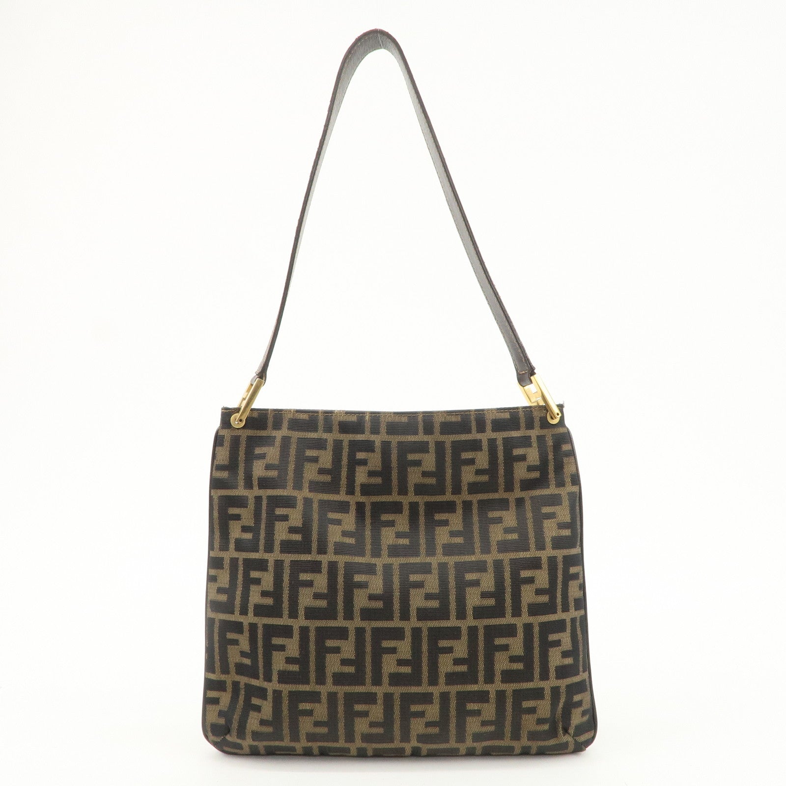 FENDI Zucca Canvas Leather Shoulder Bag Brown Black Gold Hardware