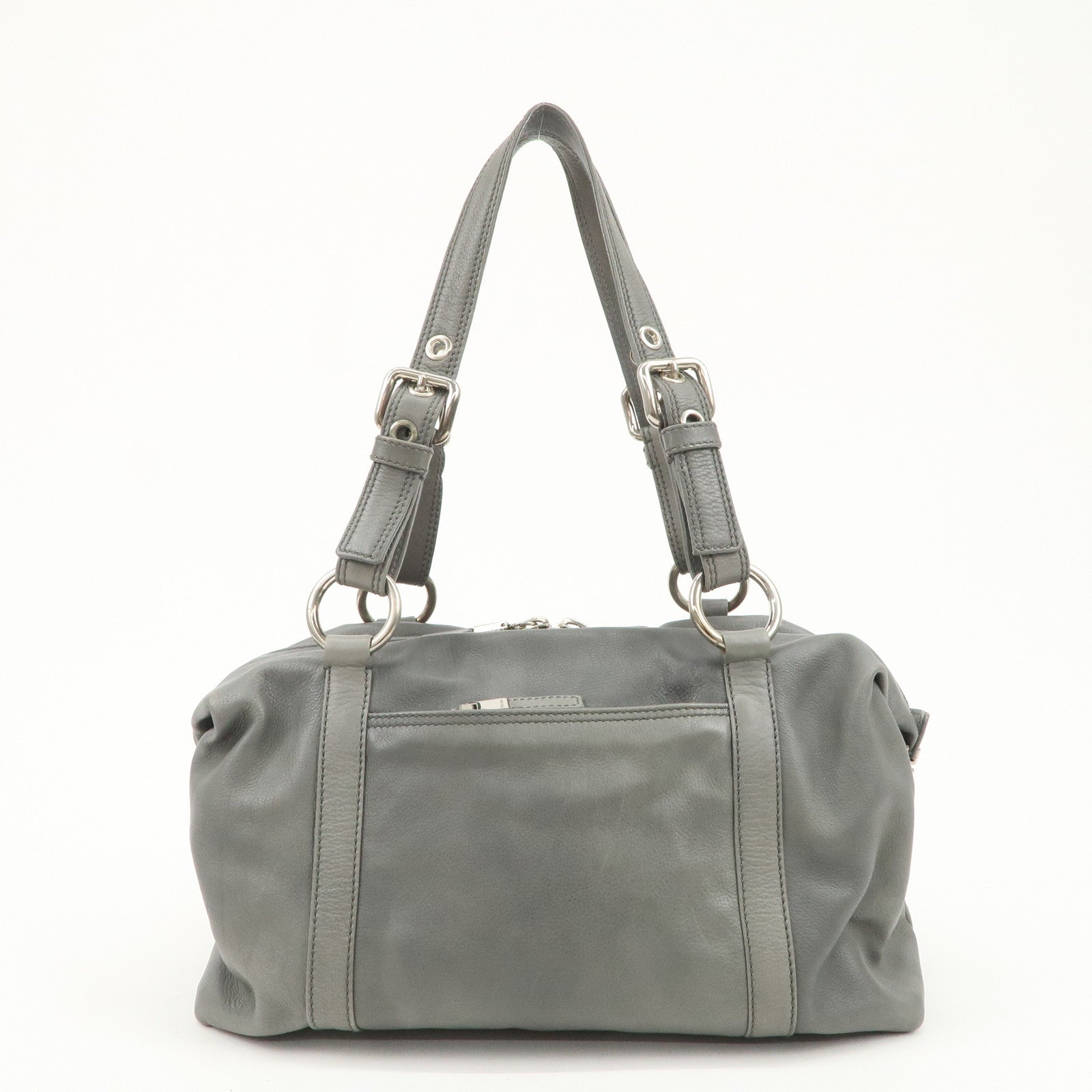 PRADA Leather Boston Bag Shoulder Bag Gray Silver Hardware