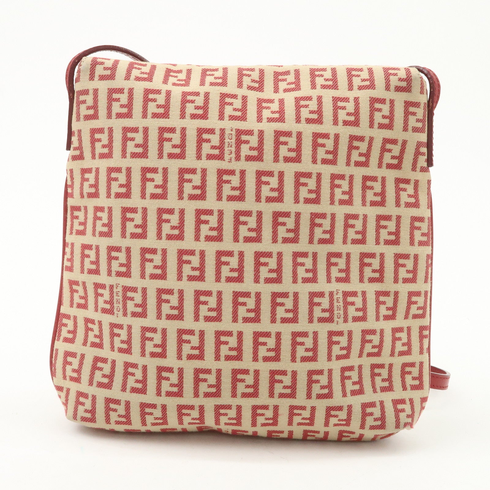 FENDI Zucchino Canvas Leather Shoulder Bag Beige Red 8BT075 Used