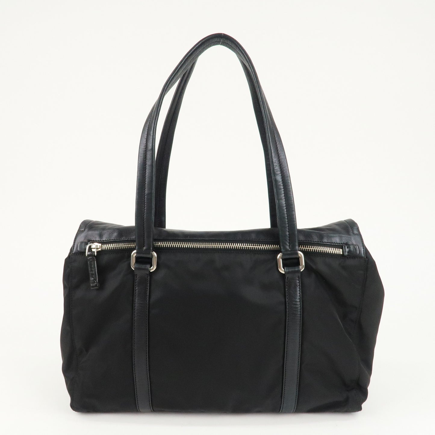 PRADA Nylon Leather Tote Bag Shoulder Bag Black Silver Hardware