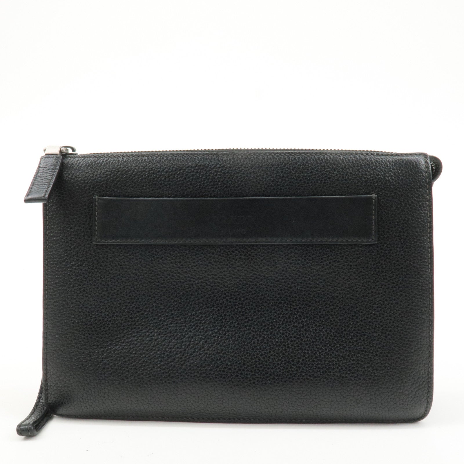 PRADA Triangle Logo Leather Clutch Bag Pouch Black