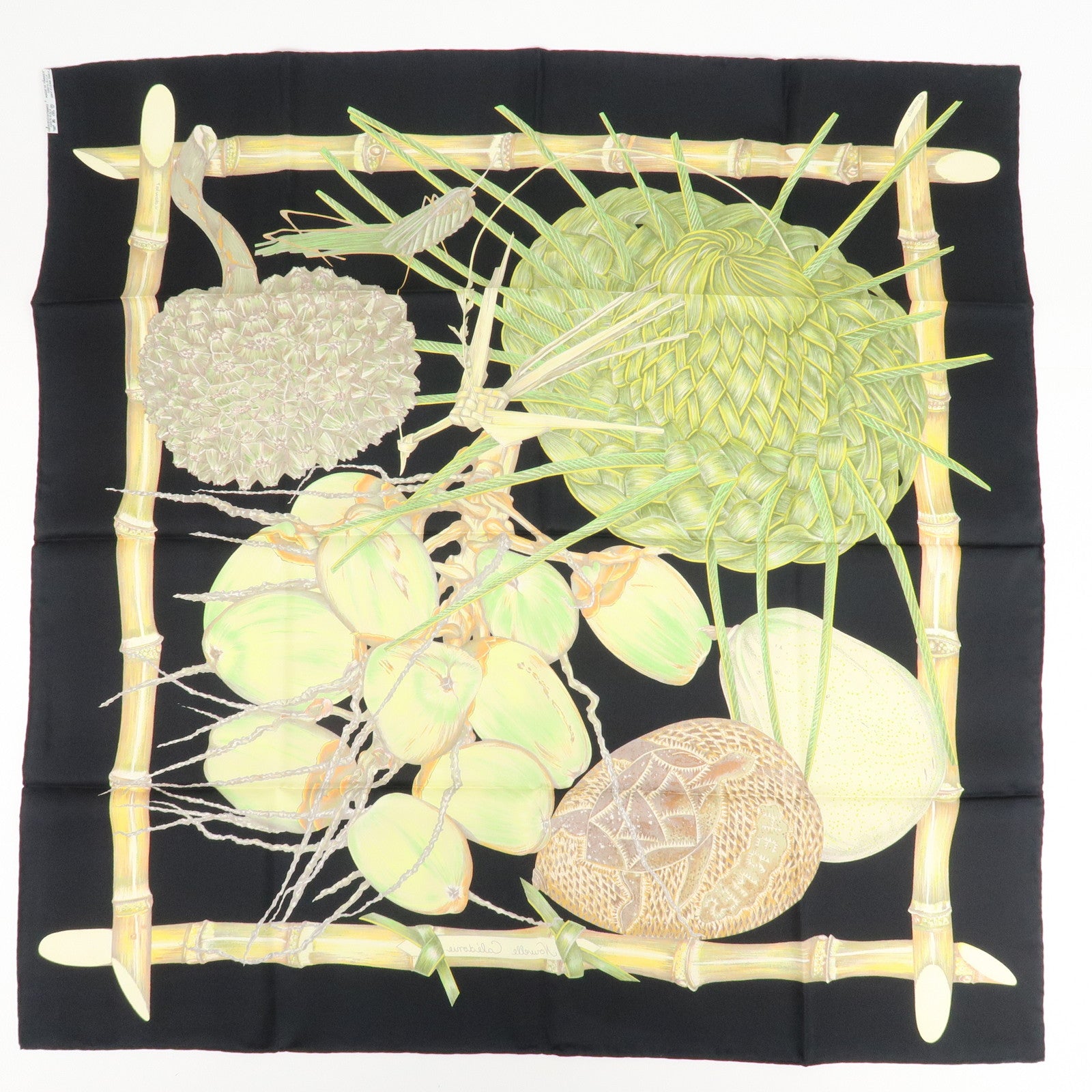 HERMES Silk 100% Carre 90 Scarf Nouvelle Colodonie Black Green