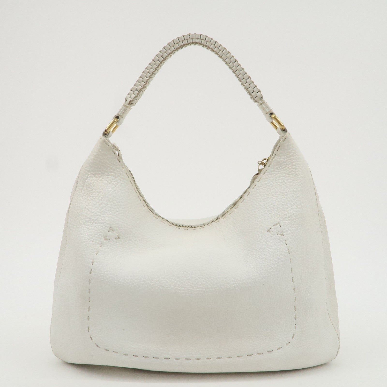 FENDI Selleria Leather Shoulder Bag White Gold Hardware 8BR648