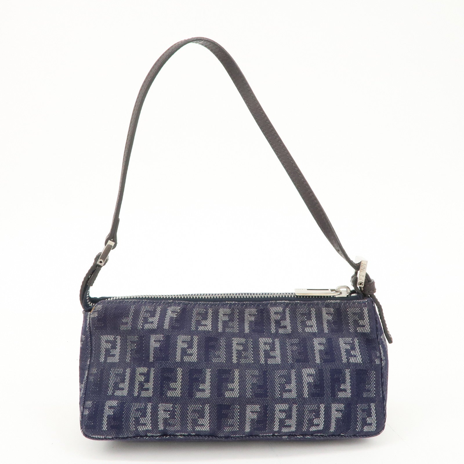 FENDI Zucchino Canvas Leather Shoulder Bag Pouch Navy 8BR249