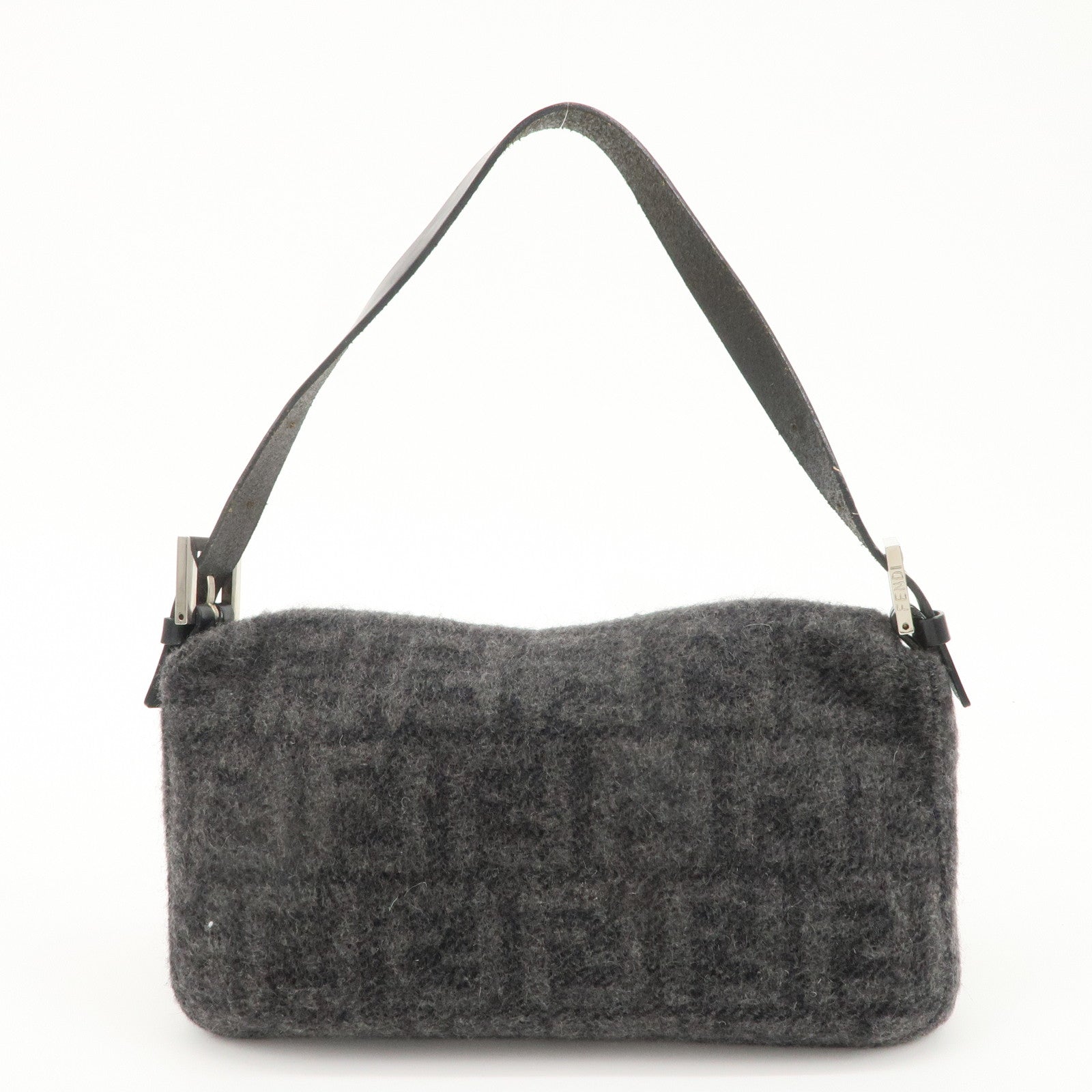 FENDI Mamma Baguette Zucca Wool Leather Shoulder Bag Gray 26424