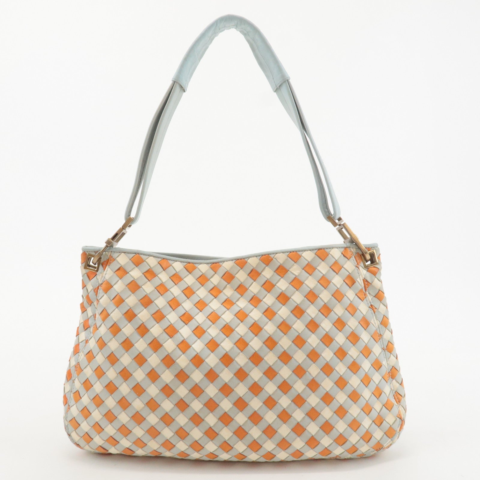 BOTTEGA VENETA Intrecciato Leather Shoulder Bag Blue Ivory Orange