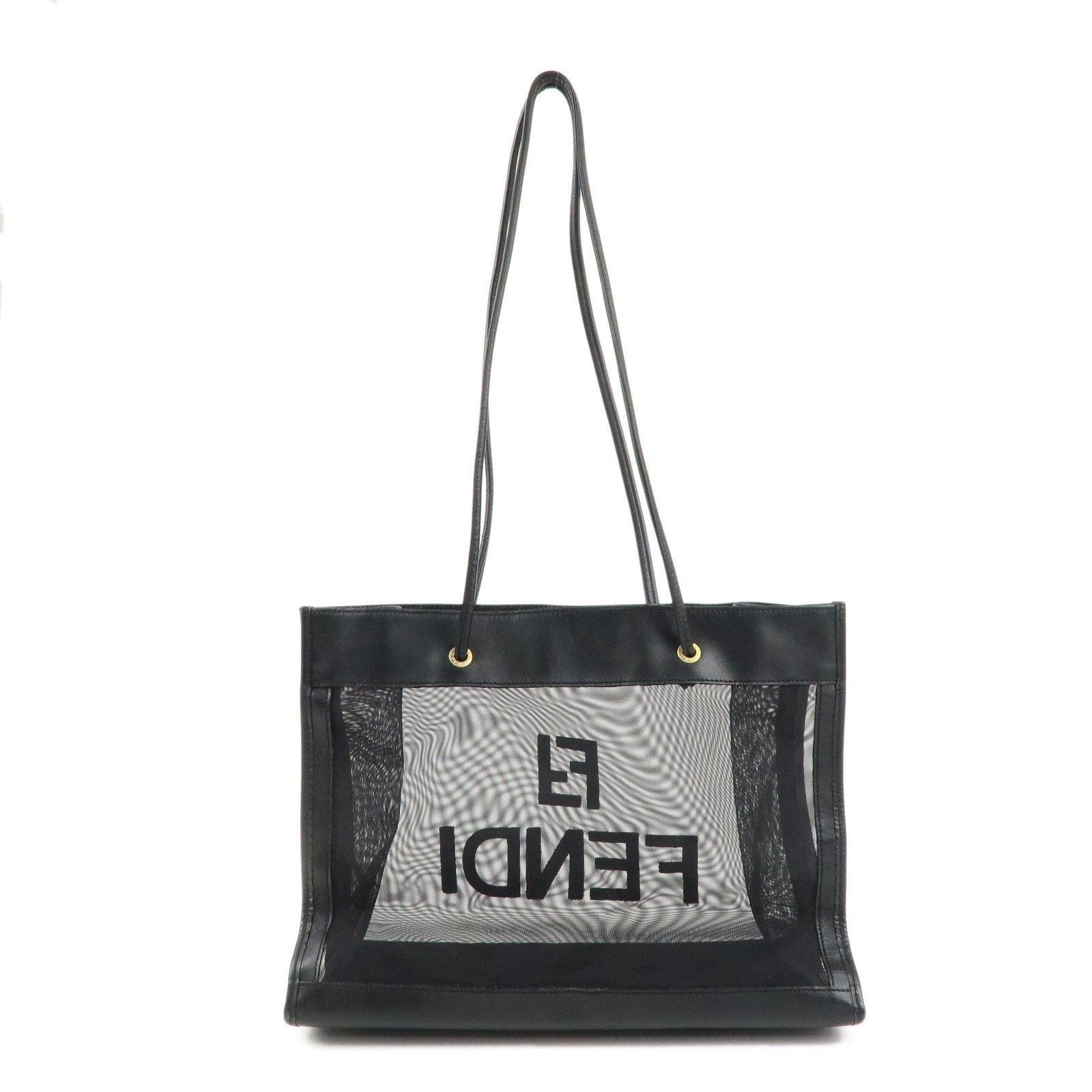 FENDI Mesh Leather Tote Bag Hand Bag Black 259646