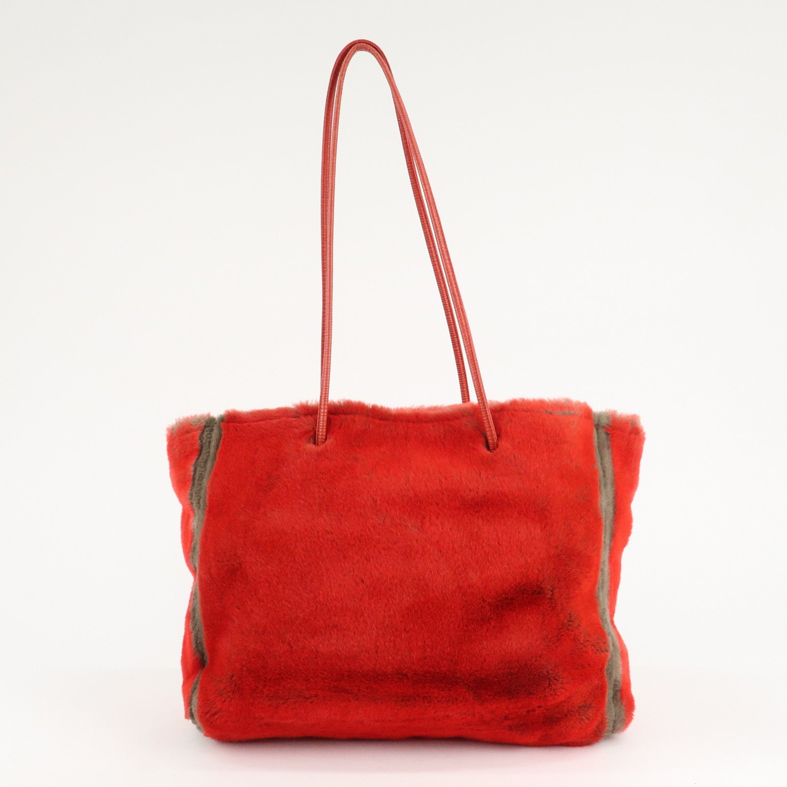 FENDI Leather Fake Fur Shoulder Bag Tote Bag Red