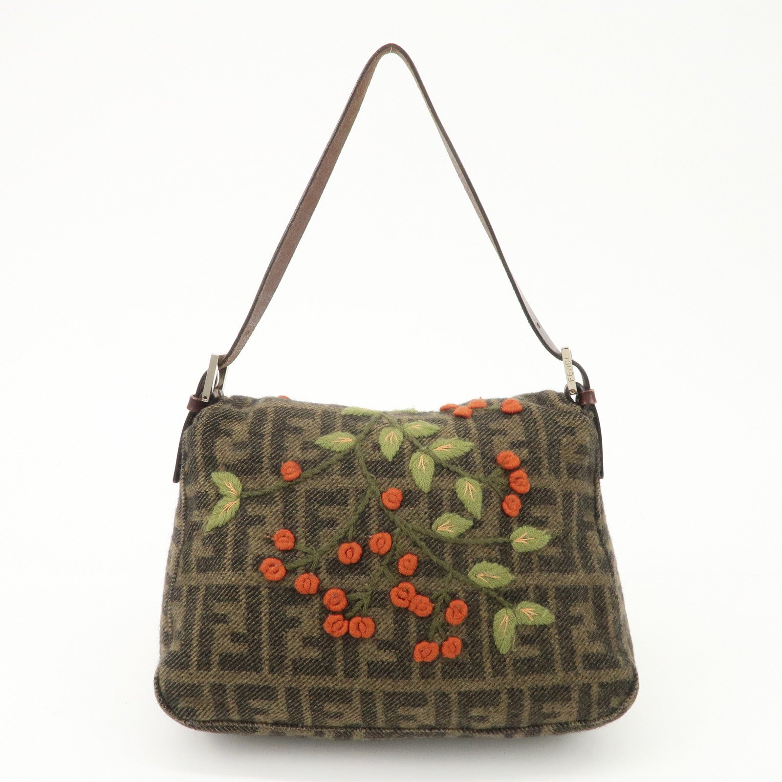 FENDI Mamma Baguette Wool Leather Shoulder Bag Tree Motif Khaki Used